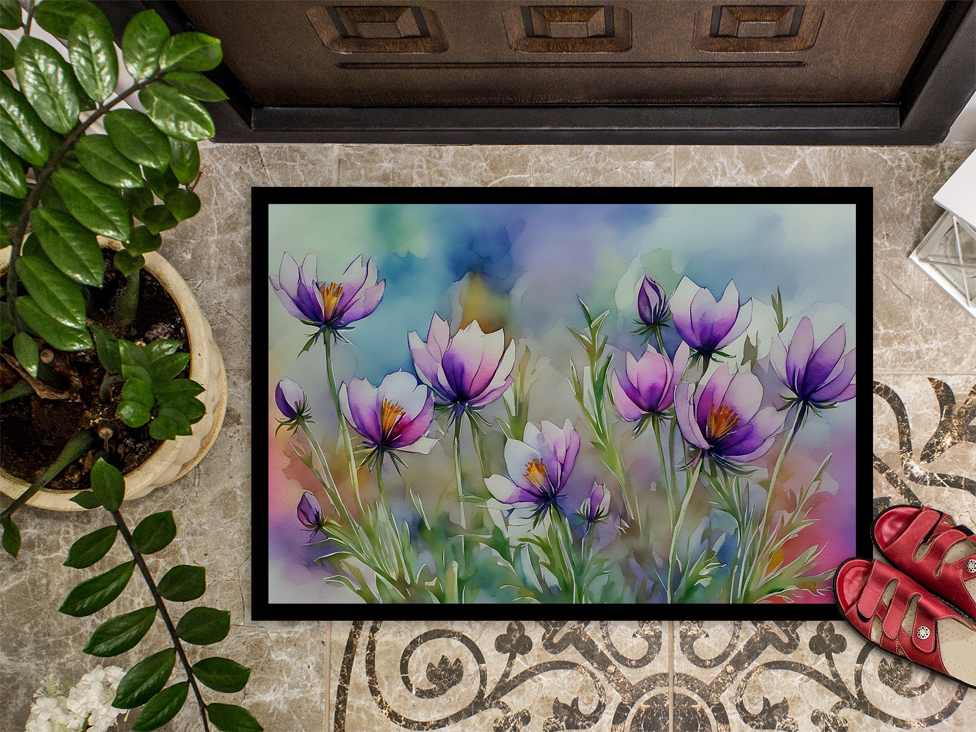 South Dakota Pasque Flowers in Watercolor Indoor or Outdoor Mat 24x36