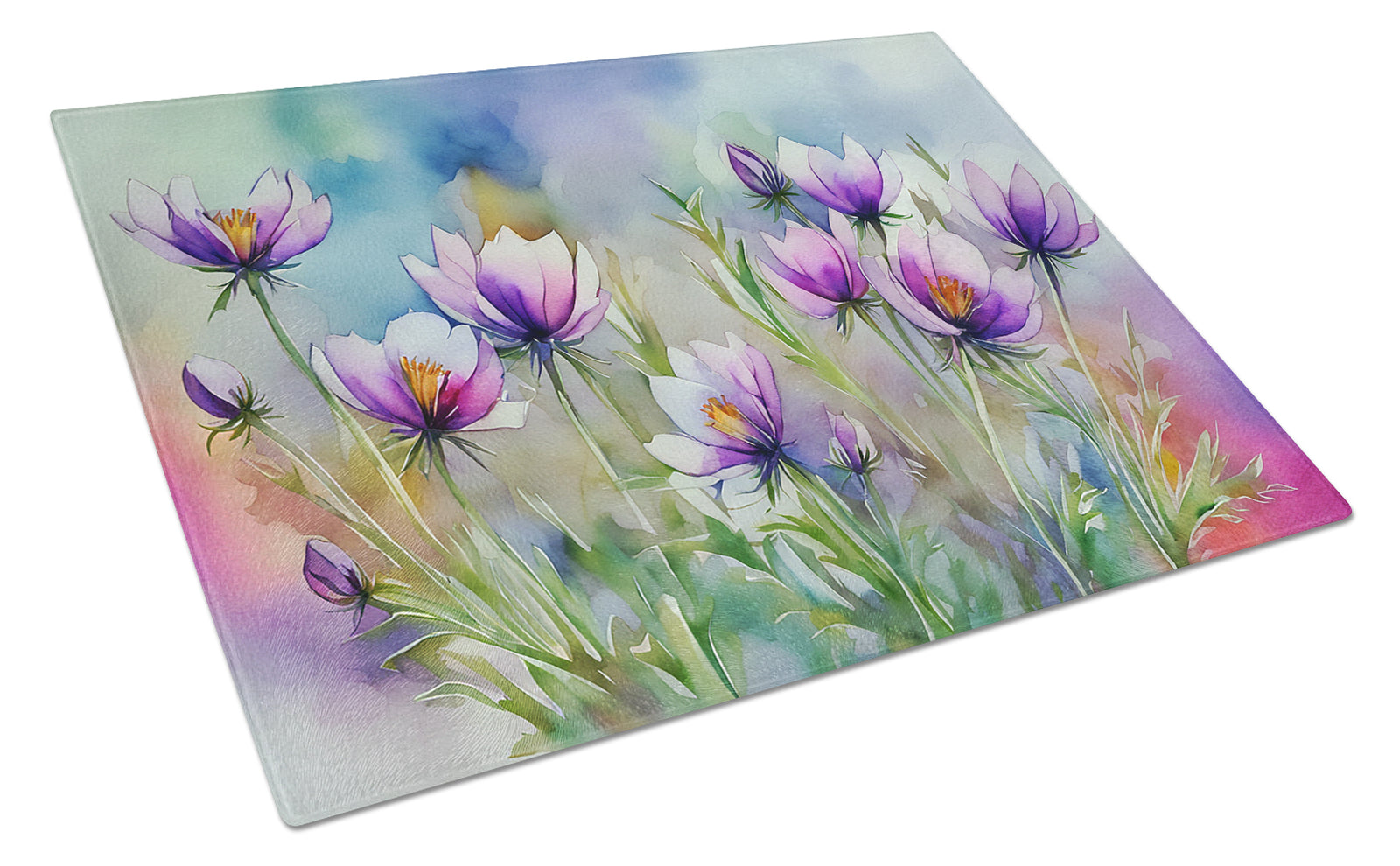 Buy this South Dakota Pasque Flowers in Watercolor Glass Cutting Board Large
