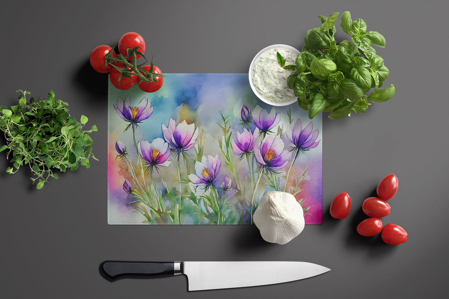 South Dakota Pasque Flowers in Watercolor Glass Cutting Board Large