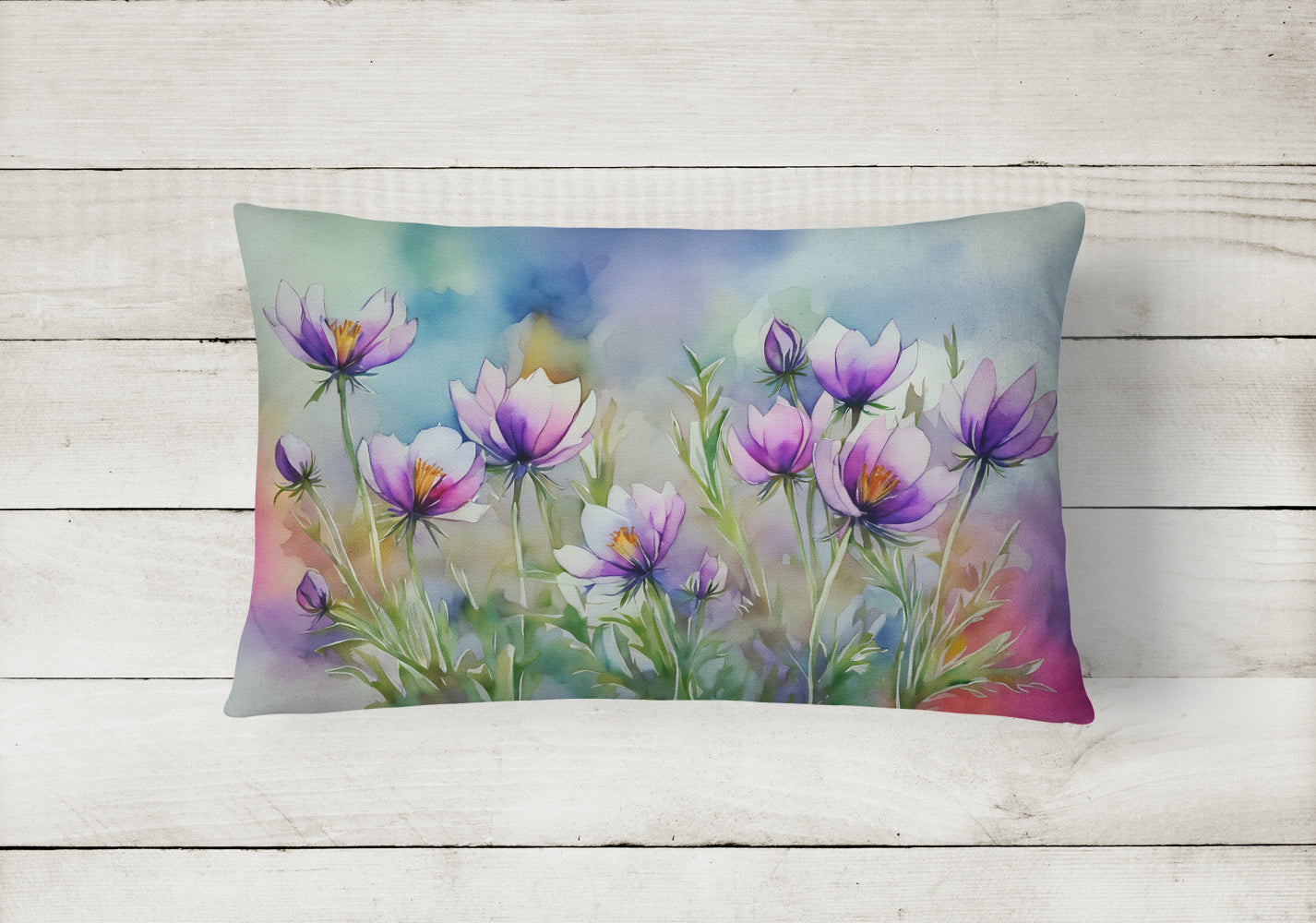South Dakota Pasque Flowers in Watercolor Fabric Decorative Pillow
