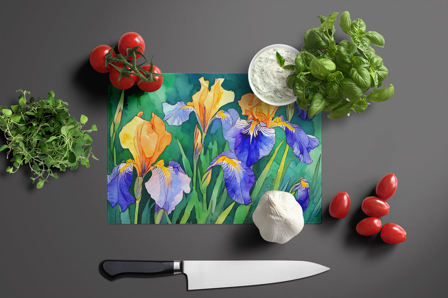 Tennessee Iris in Watercolor Glass Cutting Board Large