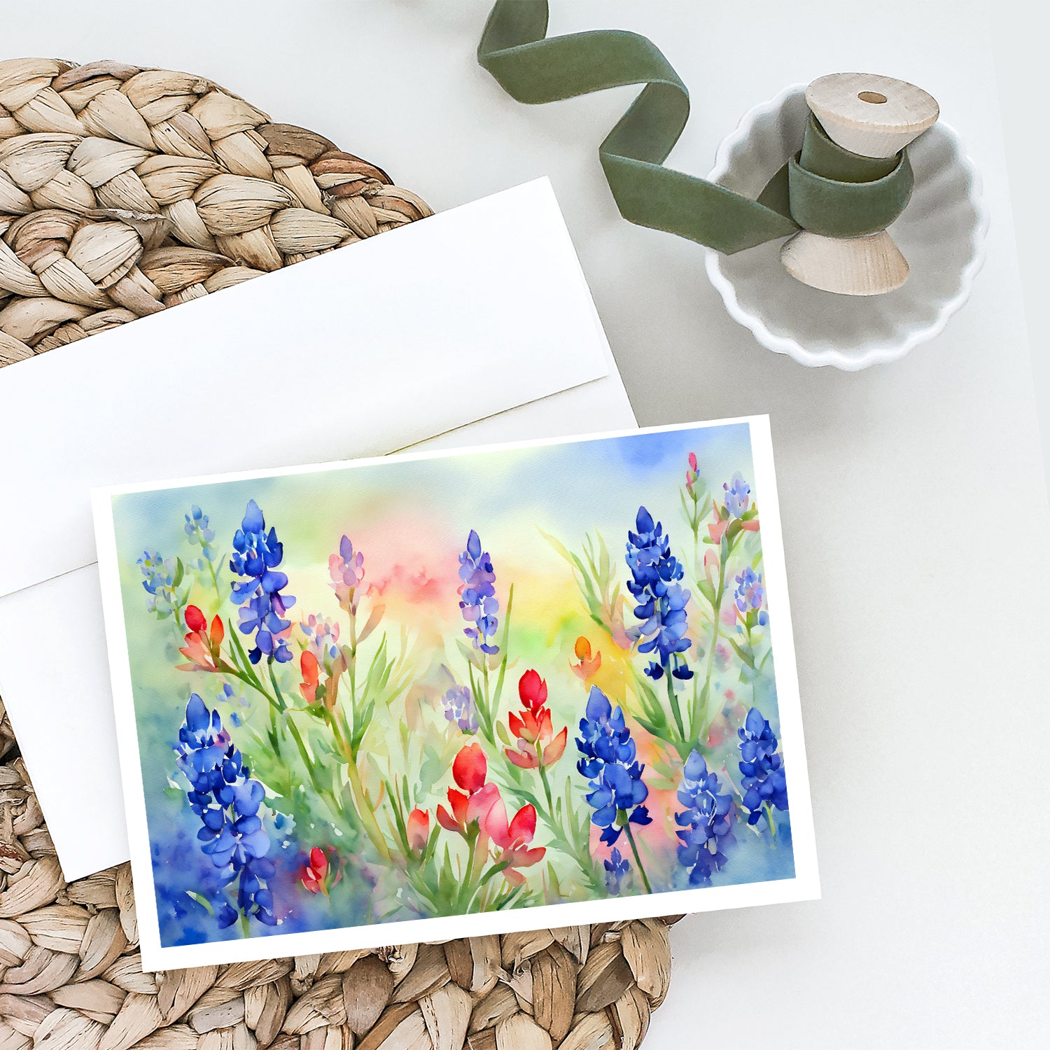Texas Bluebonnets in Watercolor Greeting Cards and Envelopes Pack of 8