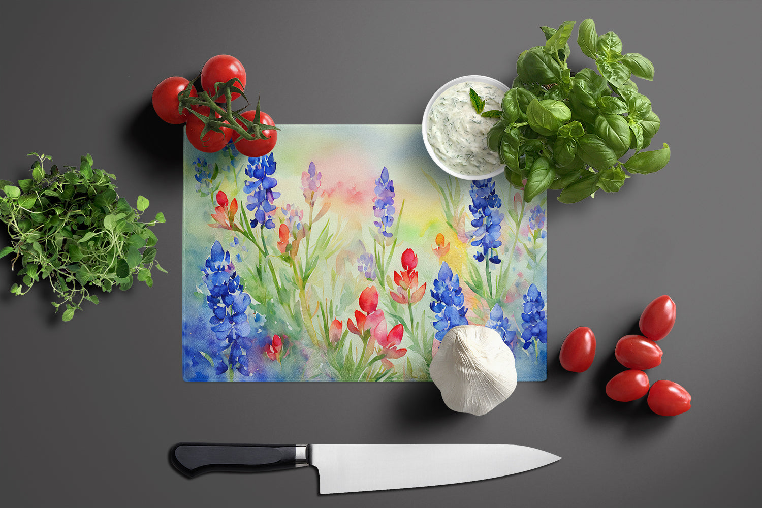 Texas Bluebonnets in Watercolor Glass Cutting Board Large