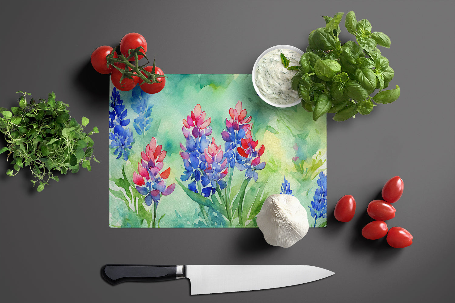 Texas Bluebonnets in Watercolor Glass Cutting Board Large