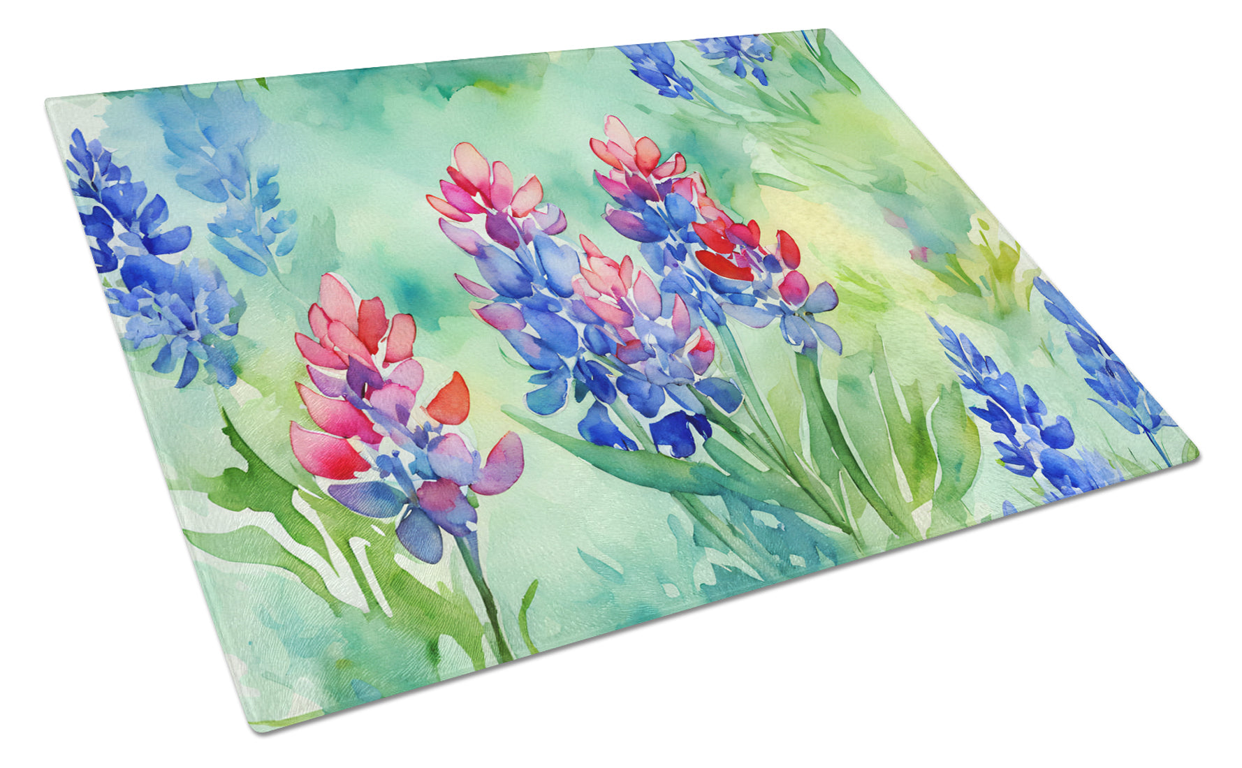 Buy this Texas Bluebonnets in Watercolor Glass Cutting Board Large