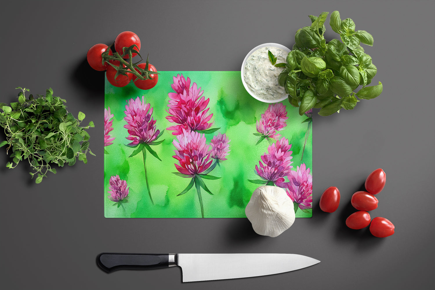 Vermont Red Clover in Watercolor Glass Cutting Board Large
