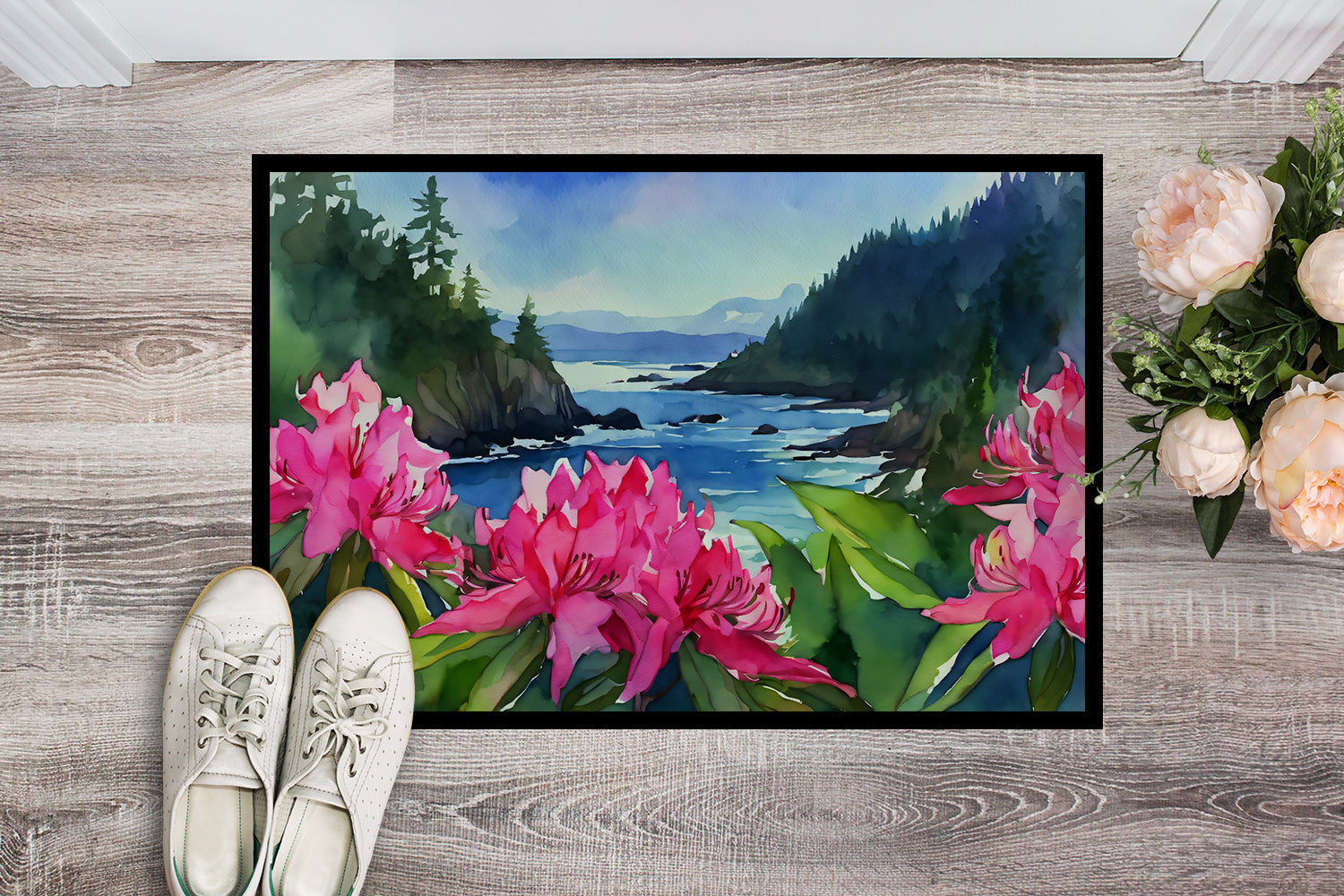 Buy this Washington Coast Rhododendrons in Watercolor Indoor or Outdoor Mat 24x36