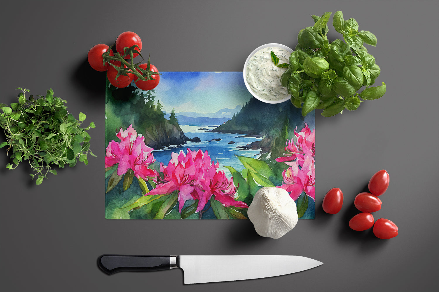 Washington Coast Rhododendrons in Watercolor Glass Cutting Board Large