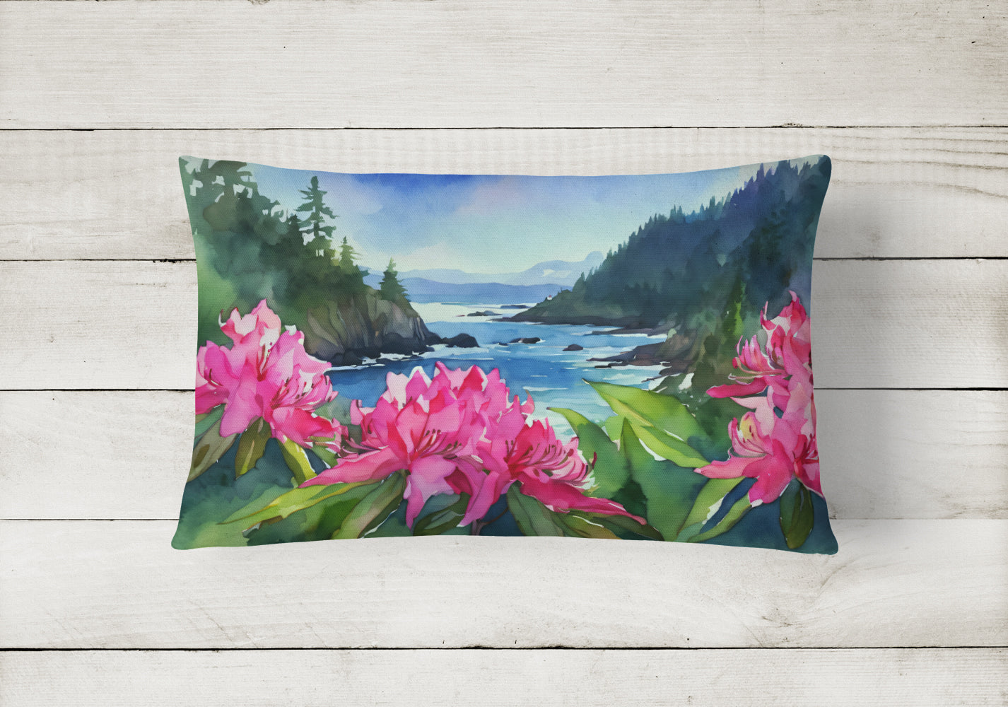 Buy this Washington Coast Rhododendrons in Watercolor Fabric Decorative Pillow