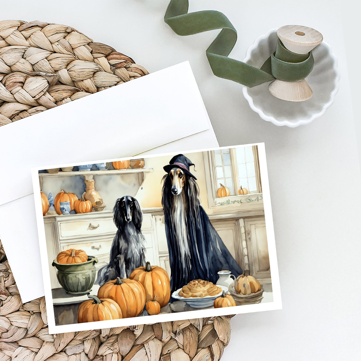 Afghan Hound Fall Kitchen Pumpkins Greeting Cards and Envelopes Pack of 8