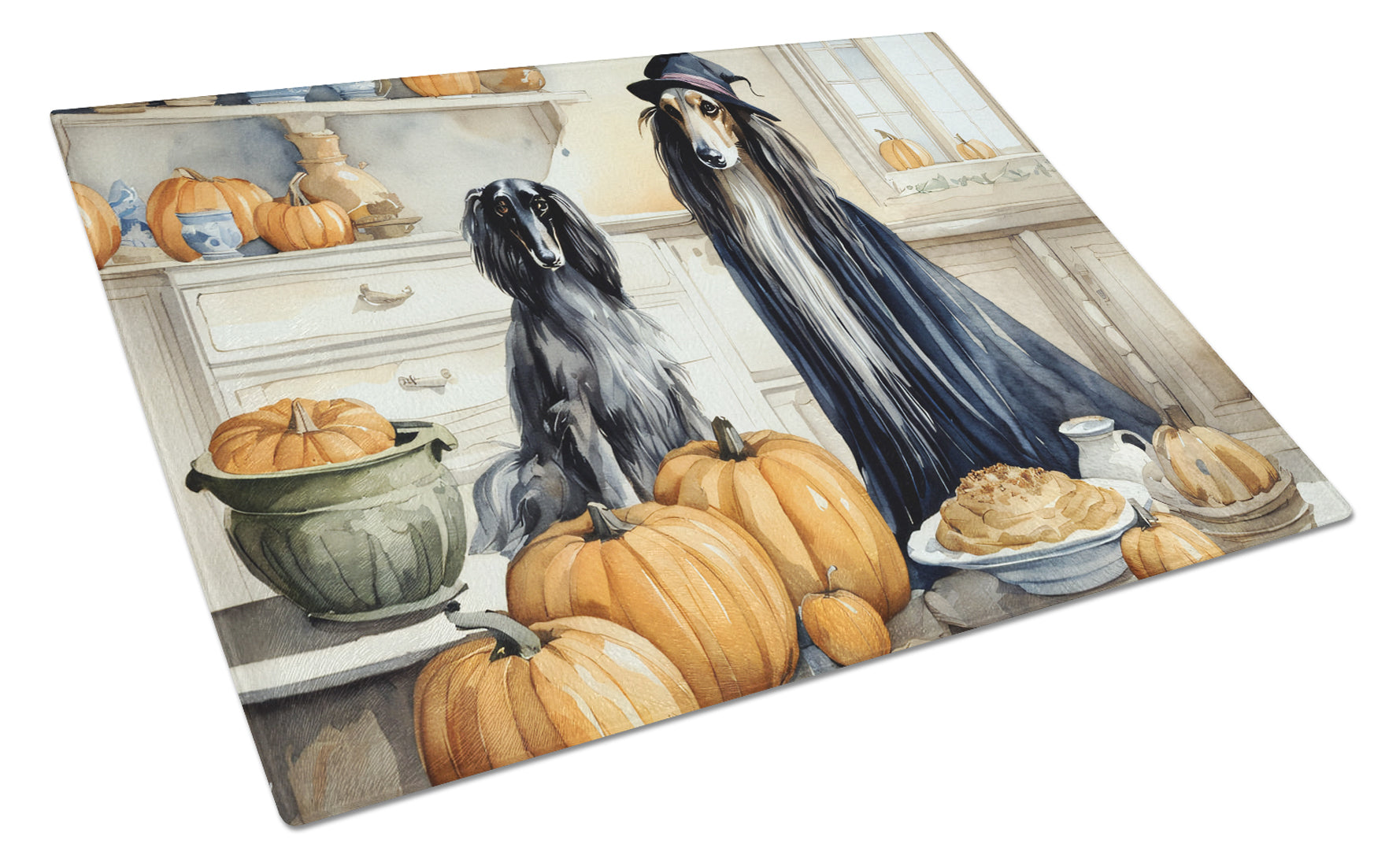 Buy this Afghan Hound Fall Kitchen Pumpkins Glass Cutting Board Large
