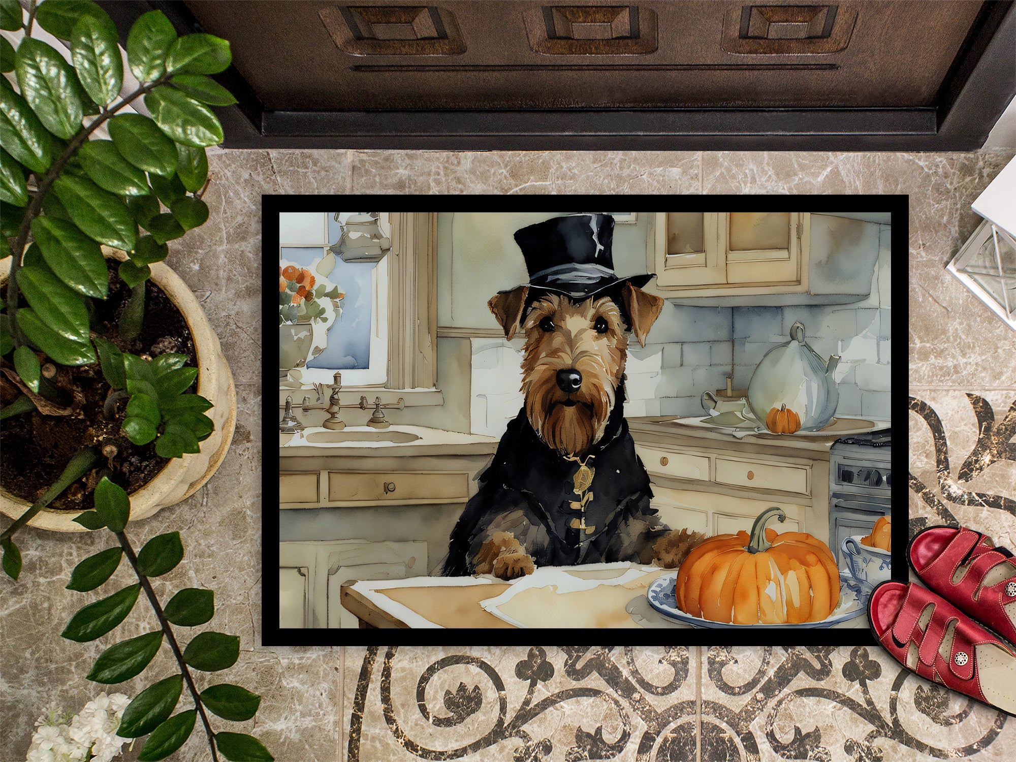Airedale Terrier Fall Kitchen Pumpkins Indoor or Outdoor Mat 24x36
