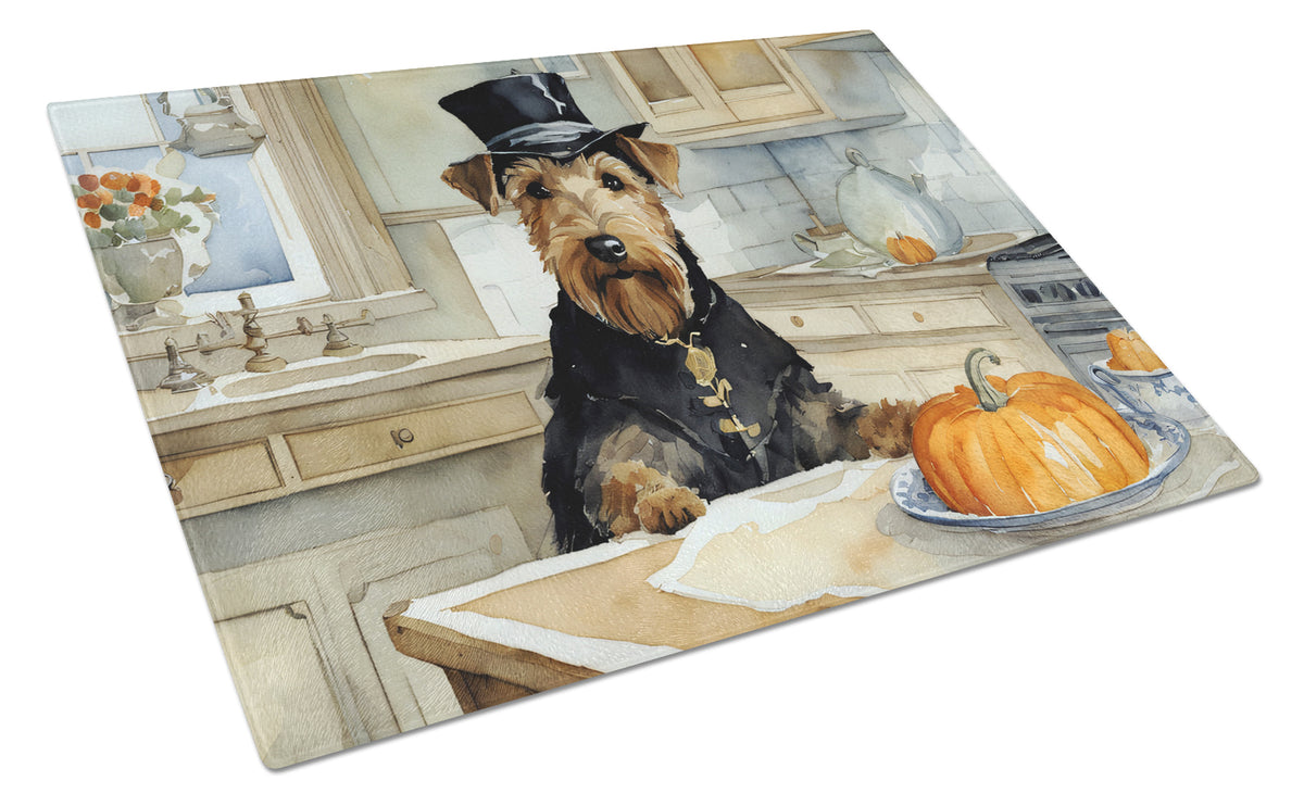Buy this Airedale Terrier Fall Kitchen Pumpkins Glass Cutting Board Large