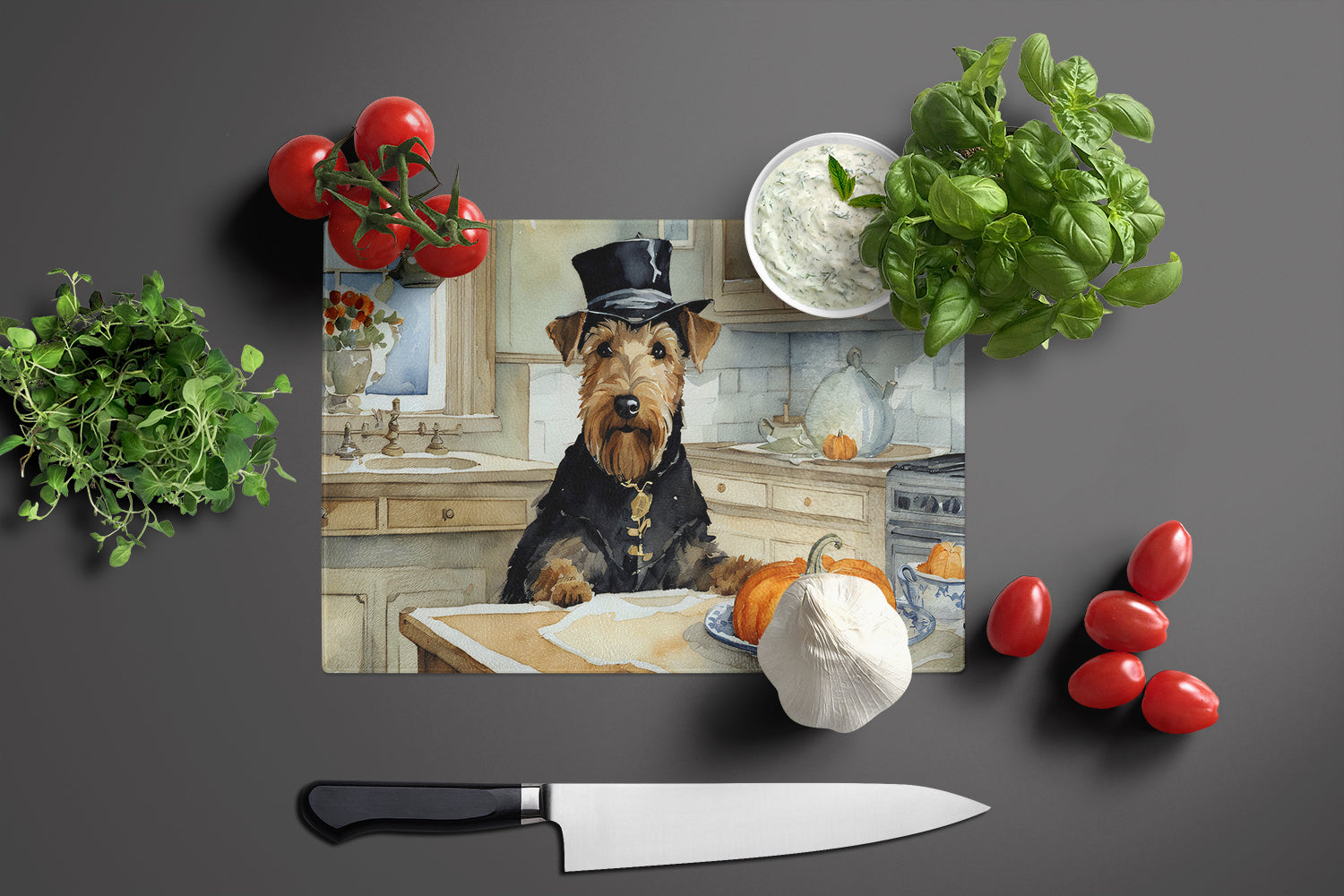Airedale Terrier Fall Kitchen Pumpkins Glass Cutting Board Large