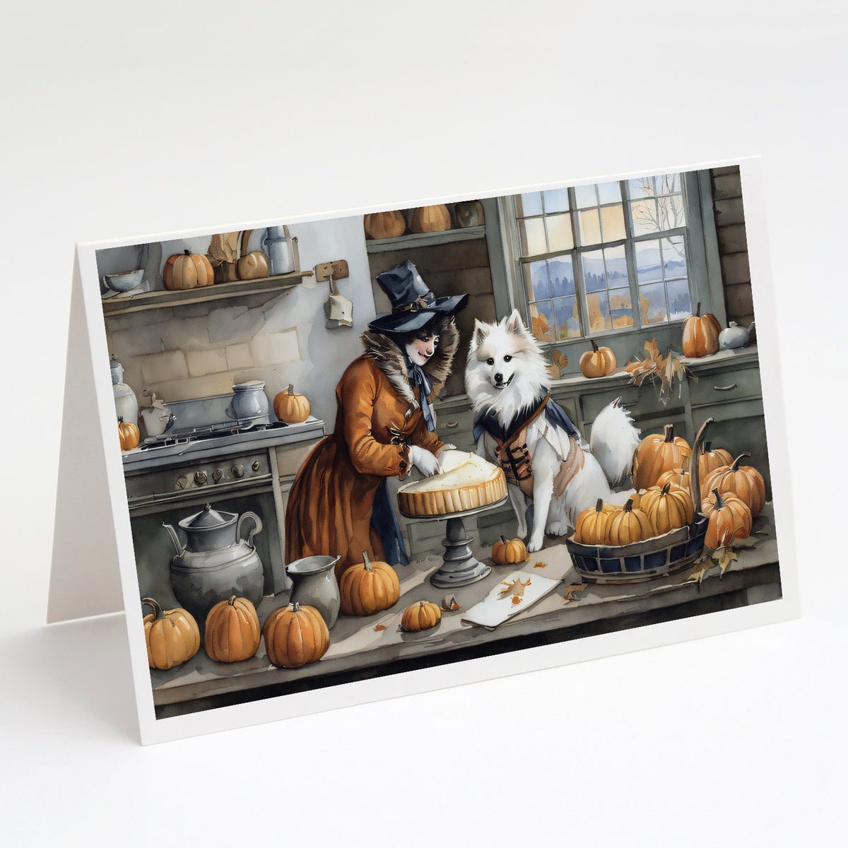 Buy this American Eskimo Fall Kitchen Pumpkins Greeting Cards and Envelopes Pack of 8