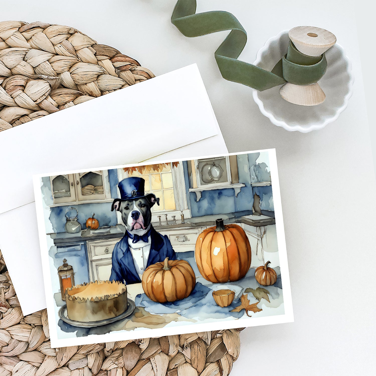 Pit Bull Terrier Fall Kitchen Pumpkins Greeting Cards and Envelopes Pack of 8