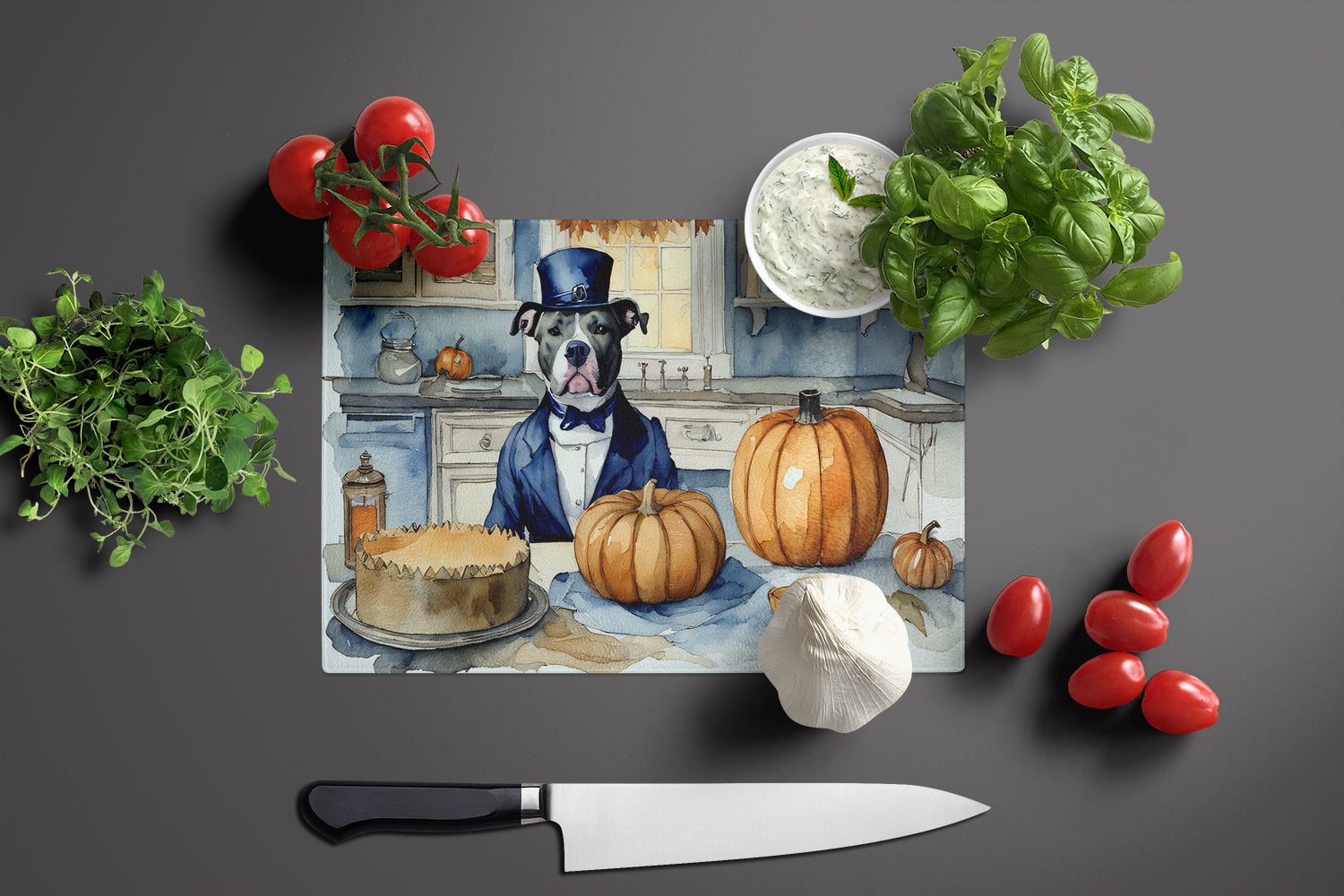 Pit Bull Terrier Fall Kitchen Pumpkins Glass Cutting Board Large