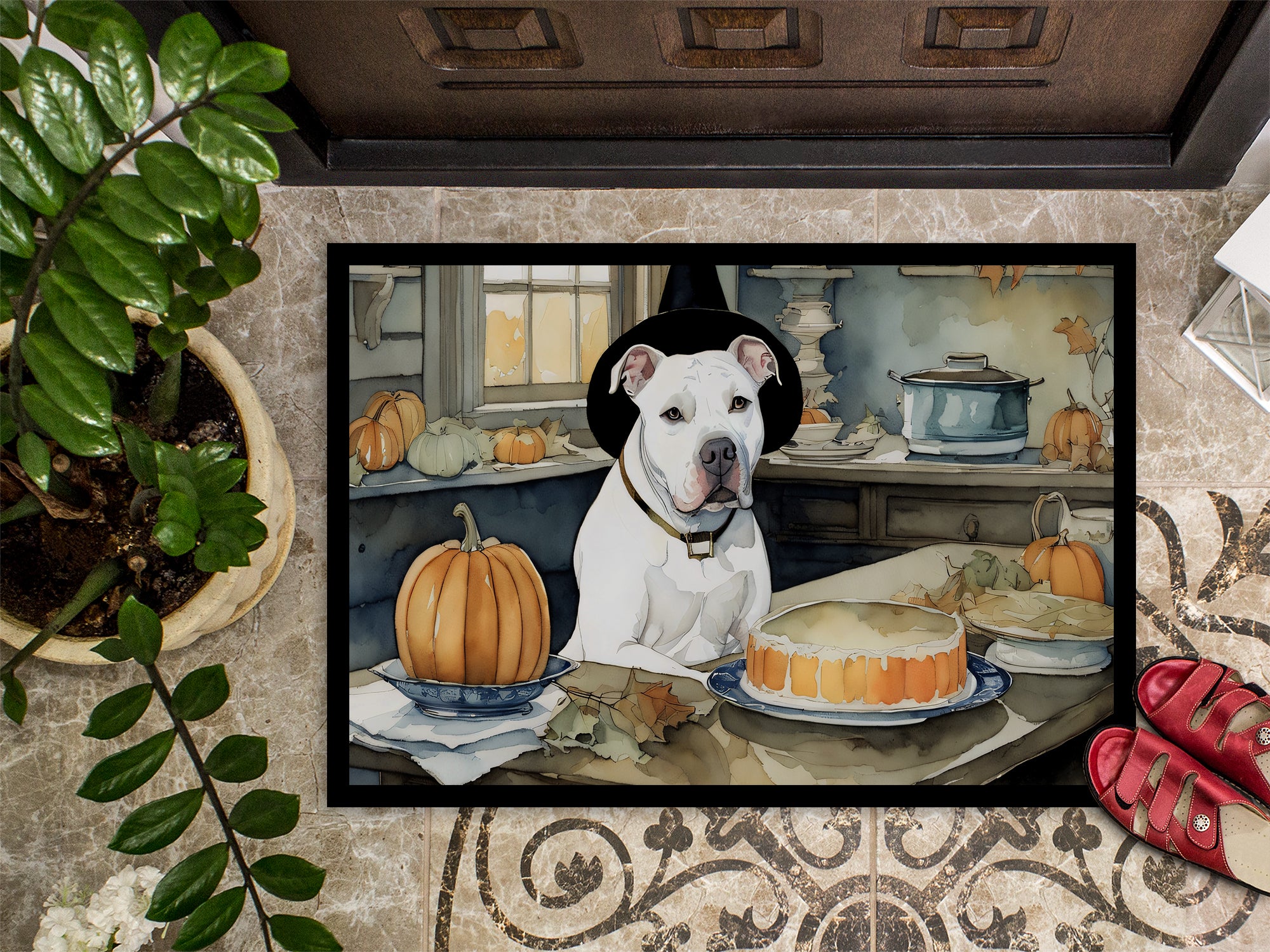 Pit Bull Terrier Fall Kitchen Pumpkins Indoor or Outdoor Mat 24x36