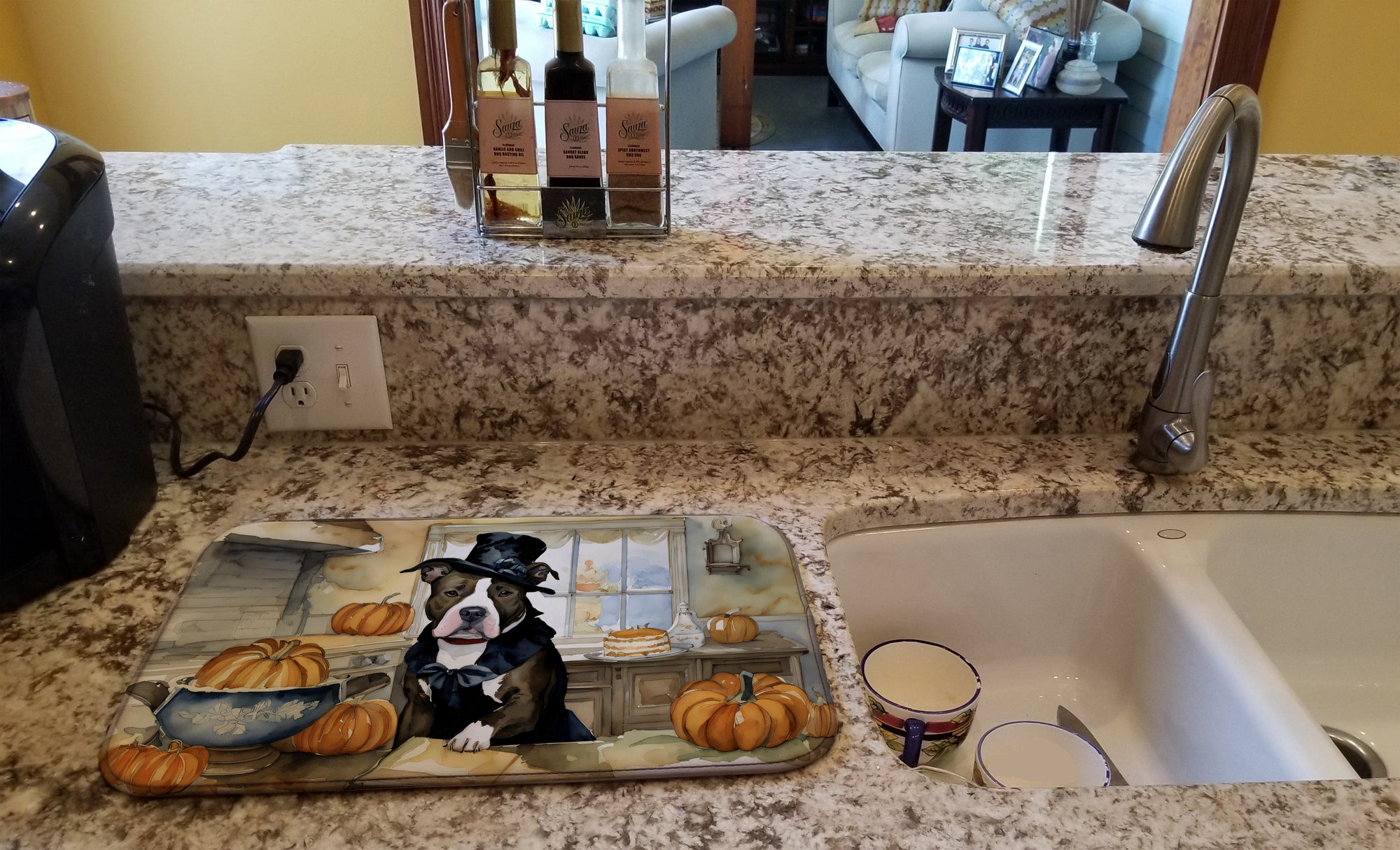 Buy this Pit Bull Terrier Fall Kitchen Pumpkins Dish Drying Mat