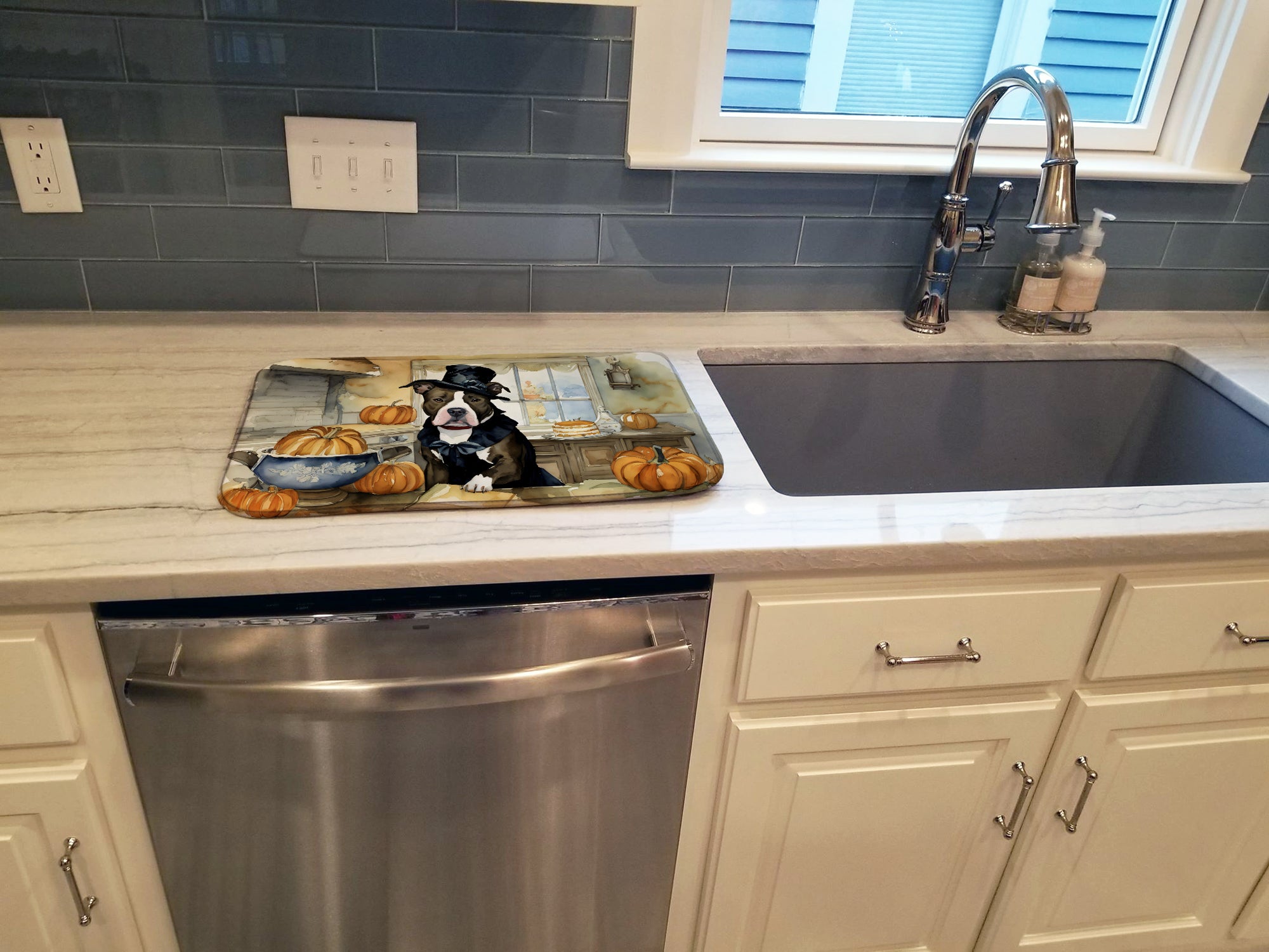 Pit Bull Terrier Fall Kitchen Pumpkins Dish Drying Mat