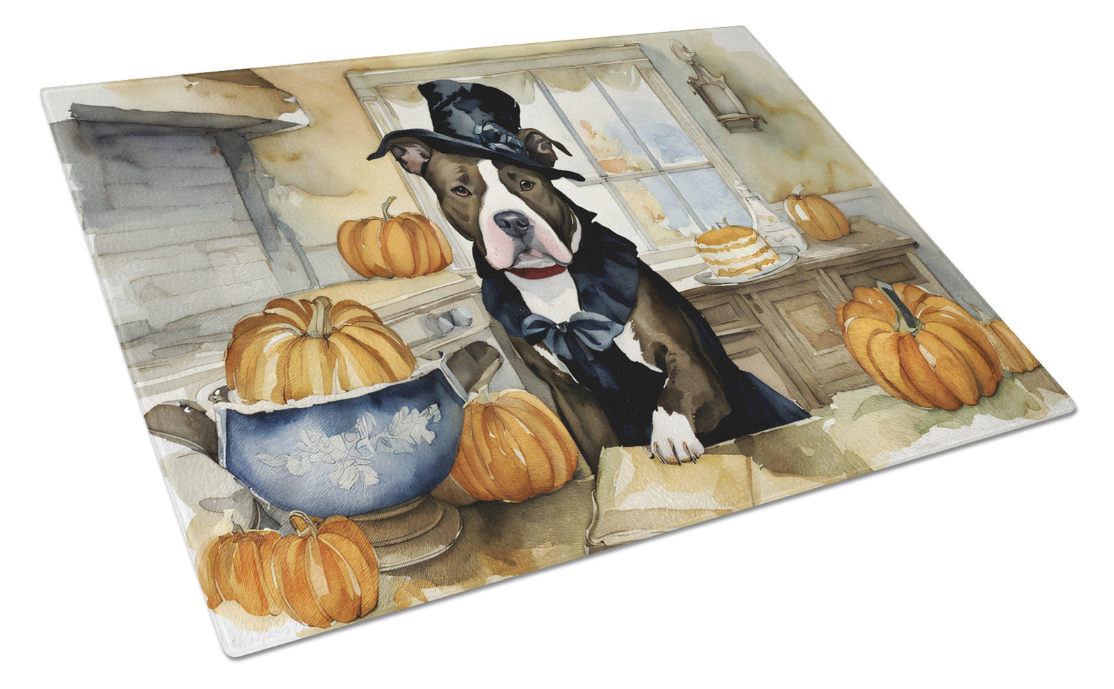 Buy this Pit Bull Terrier Fall Kitchen Pumpkins Glass Cutting Board Large