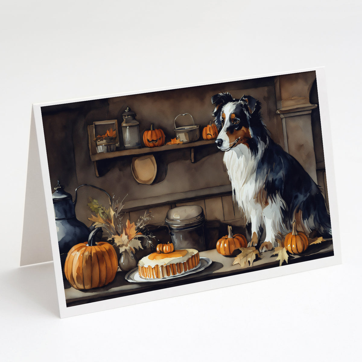 Buy this Australian Shepherd Fall Kitchen Pumpkins Greeting Cards and Envelopes Pack of 8