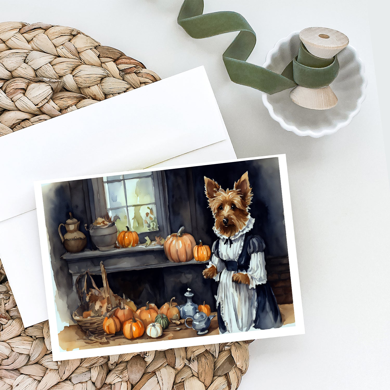 Buy this Australian Terrier Fall Kitchen Pumpkins Greeting Cards and Envelopes Pack of 8