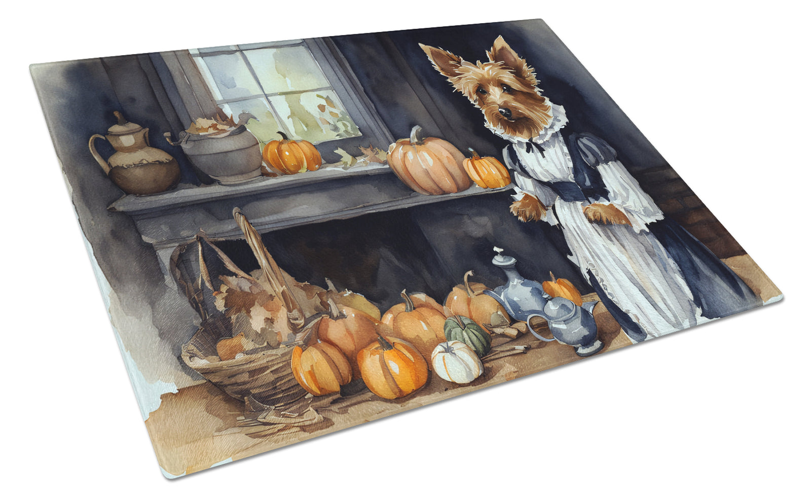 Buy this Australian Terrier Fall Kitchen Pumpkins Glass Cutting Board Large