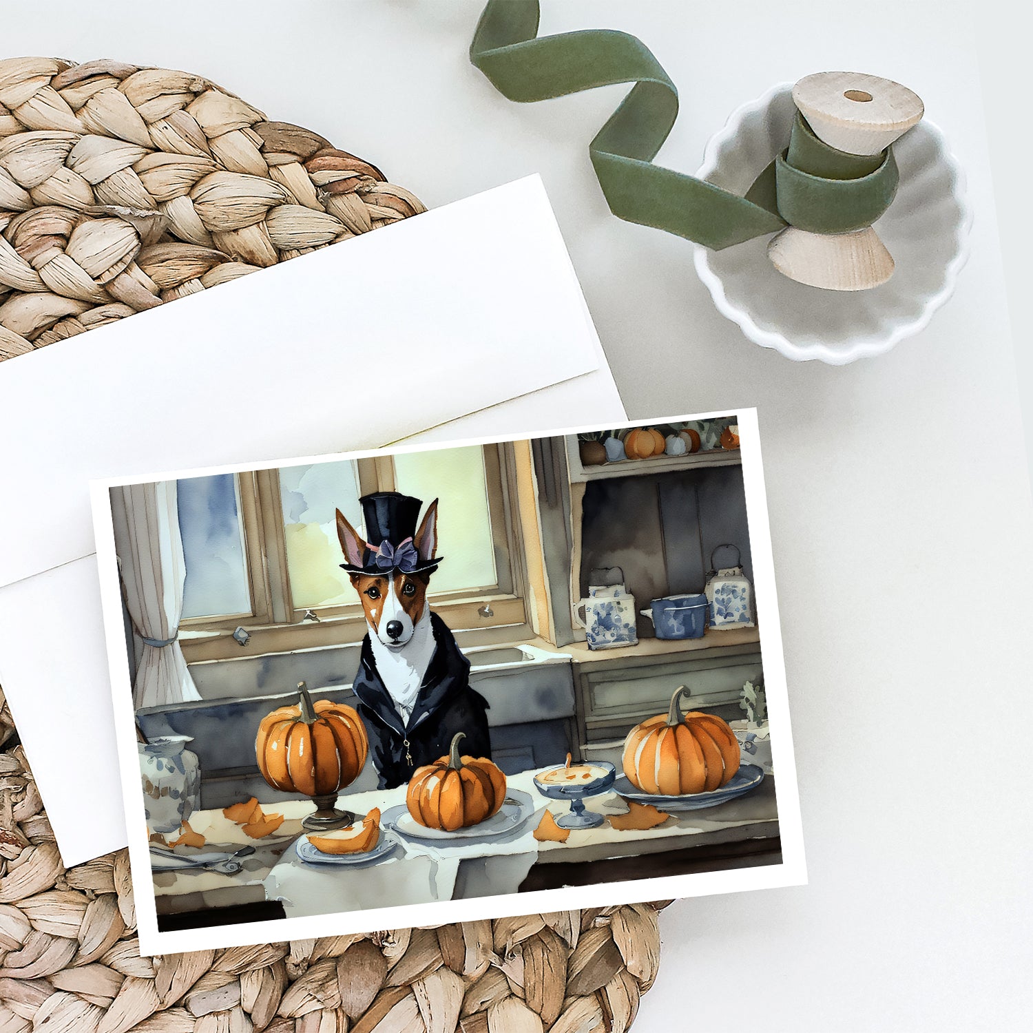Buy this Basenji Fall Kitchen Pumpkins Greeting Cards and Envelopes Pack of 8