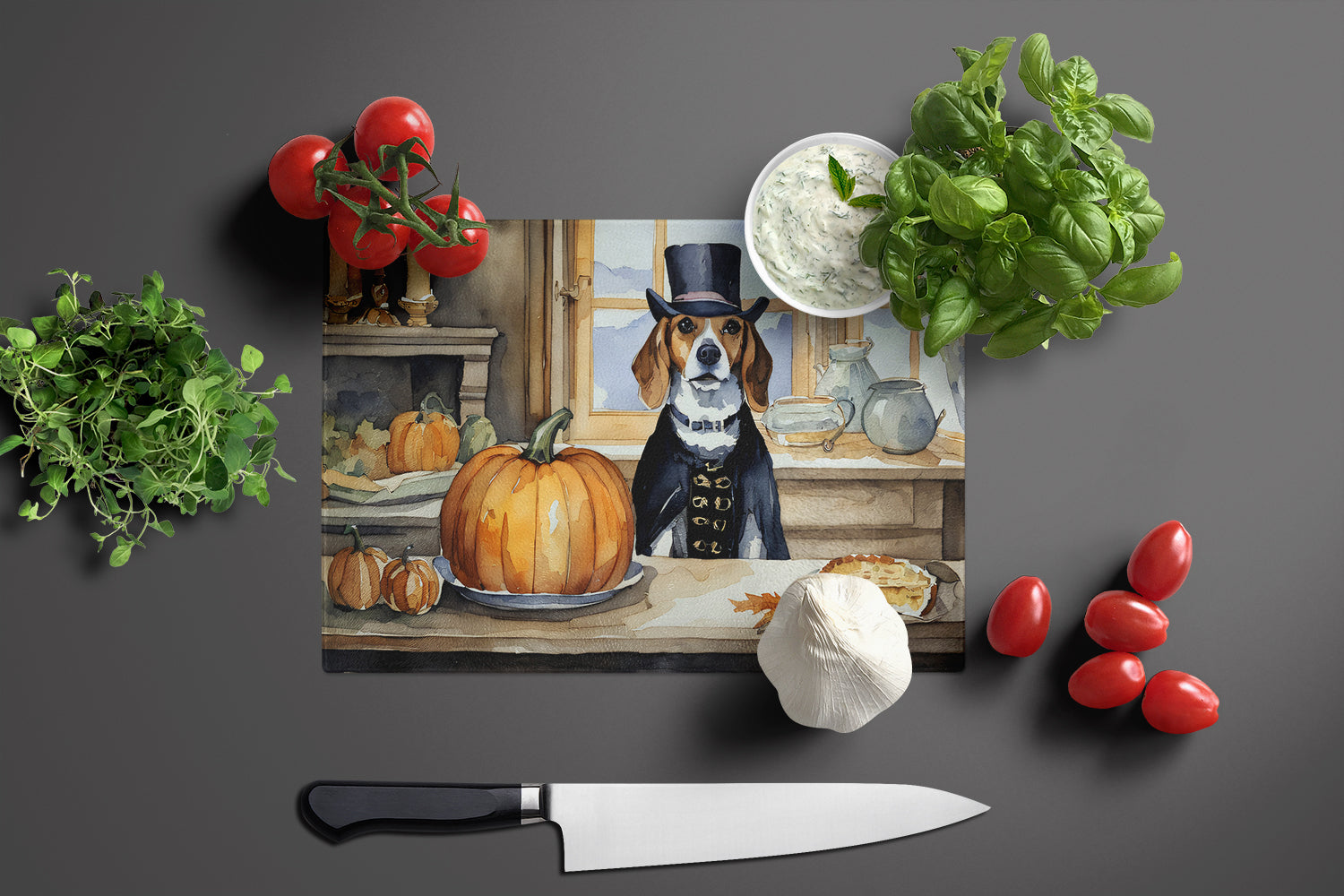 Beagle Fall Kitchen Pumpkins Glass Cutting Board Large