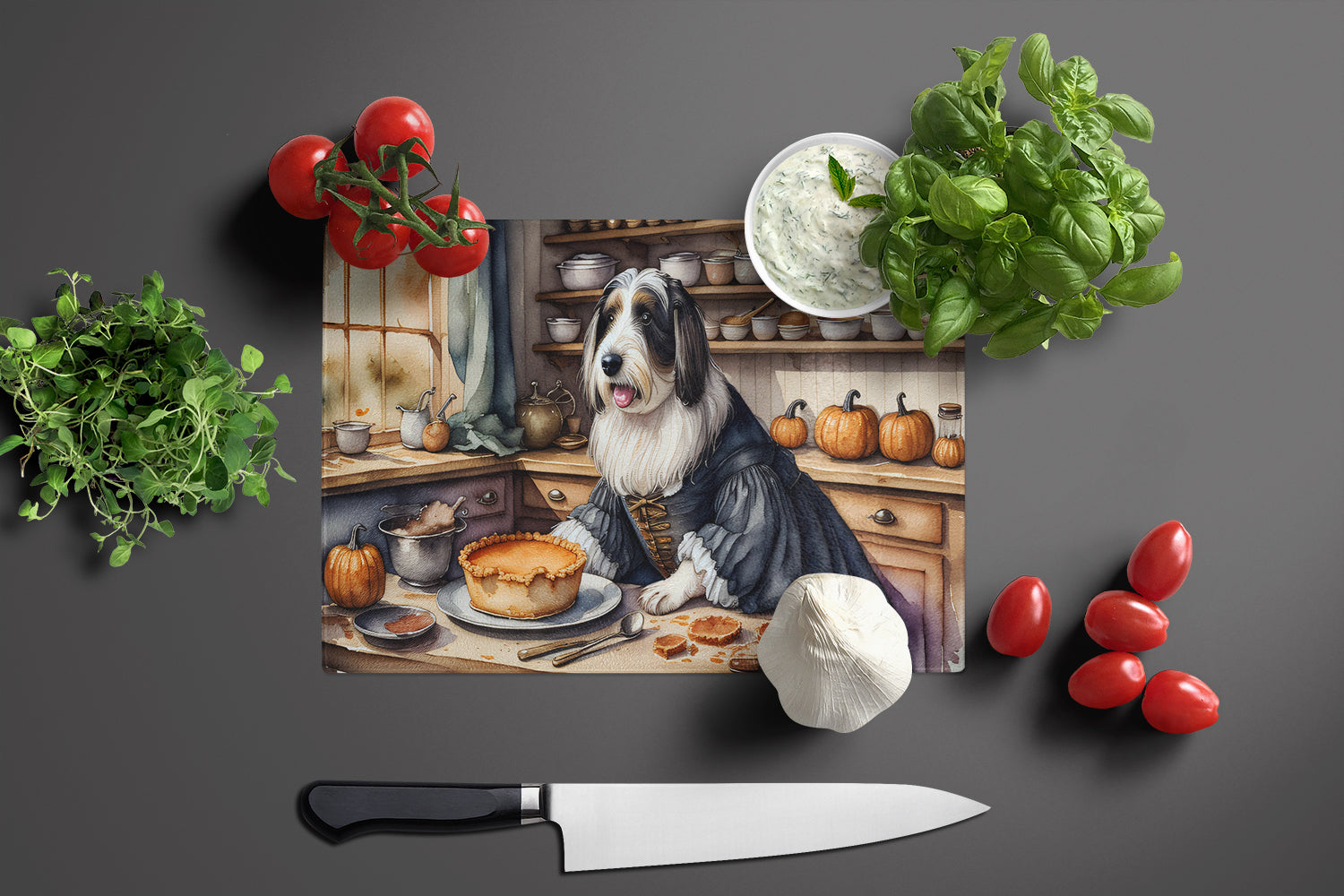 Bearded Collie Fall Kitchen Pumpkins Glass Cutting Board Large