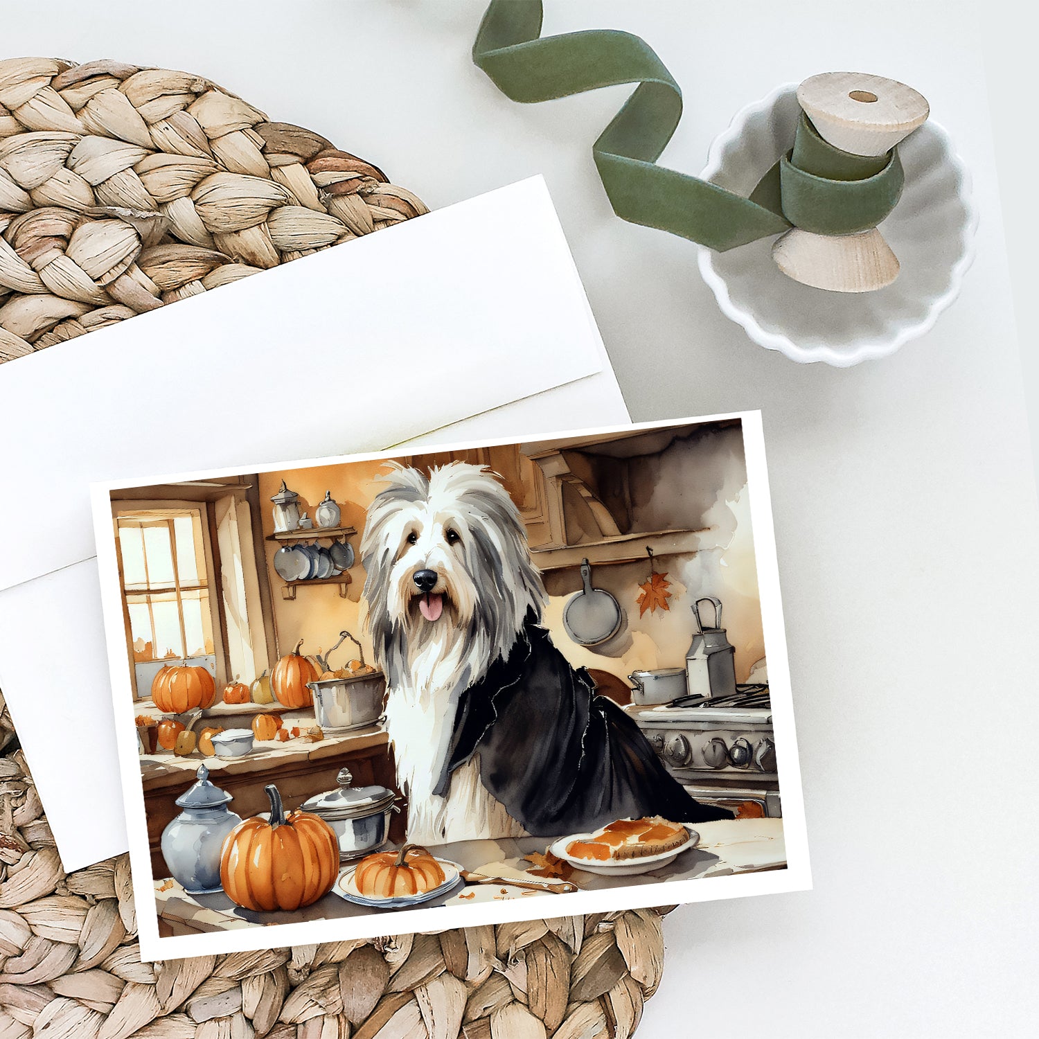 Bearded Collie Fall Kitchen Pumpkins Greeting Cards and Envelopes Pack of 8