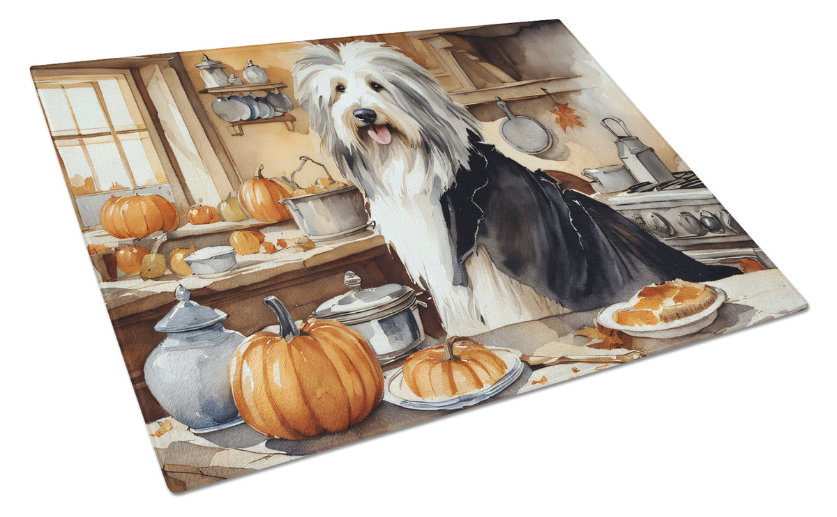 Buy this Bearded Collie Fall Kitchen Pumpkins Glass Cutting Board Large