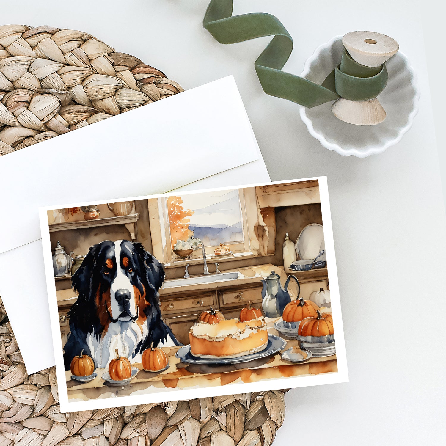 Bernese Mountain Dog Fall Kitchen Pumpkins Greeting Cards and Envelopes Pack of 8