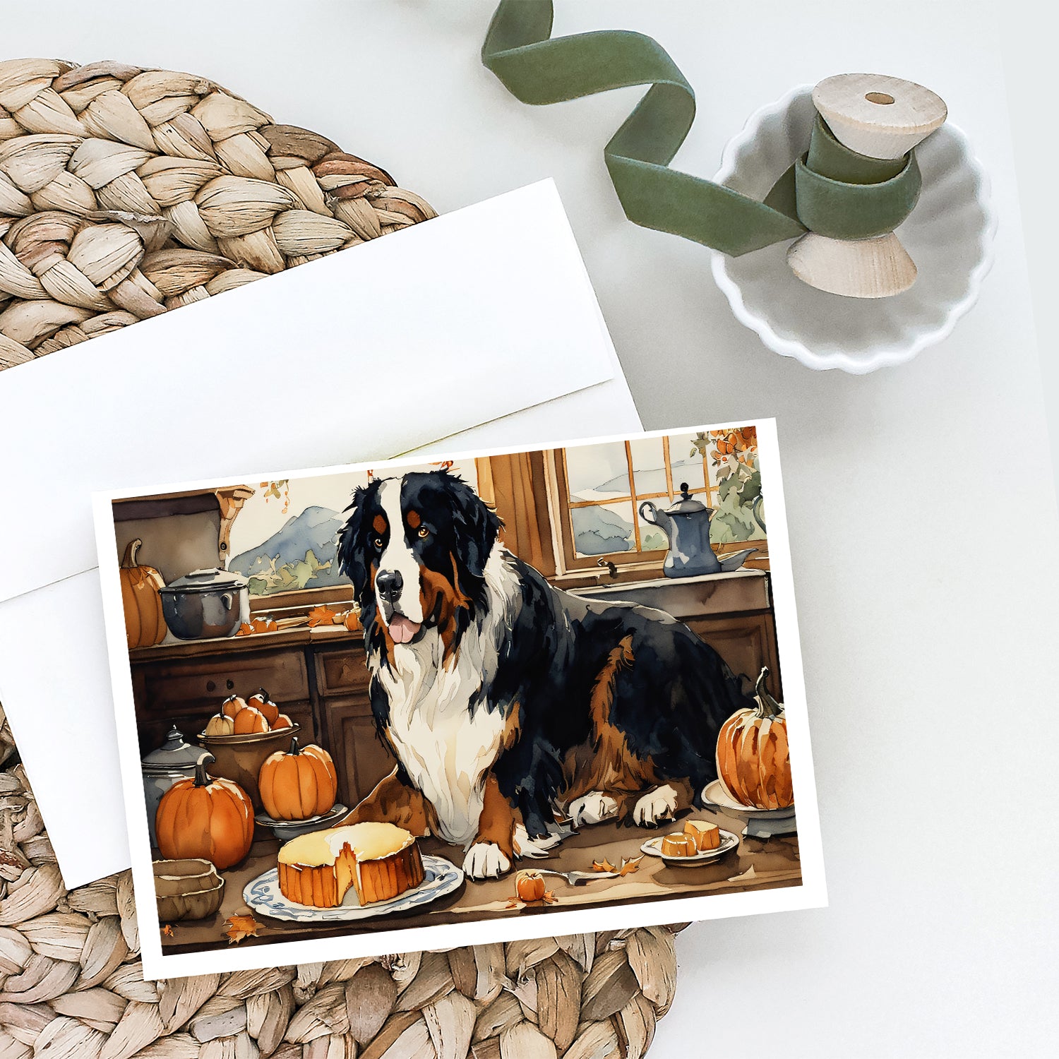 Buy this Bernese Mountain Dog Fall Kitchen Pumpkins Greeting Cards and Envelopes Pack of 8