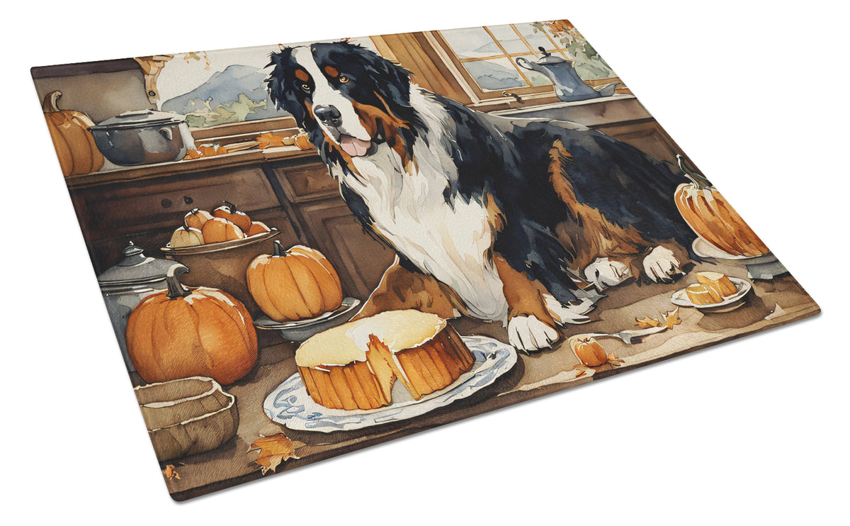 Buy this Bernese Mountain Dog Fall Kitchen Pumpkins Glass Cutting Board Large