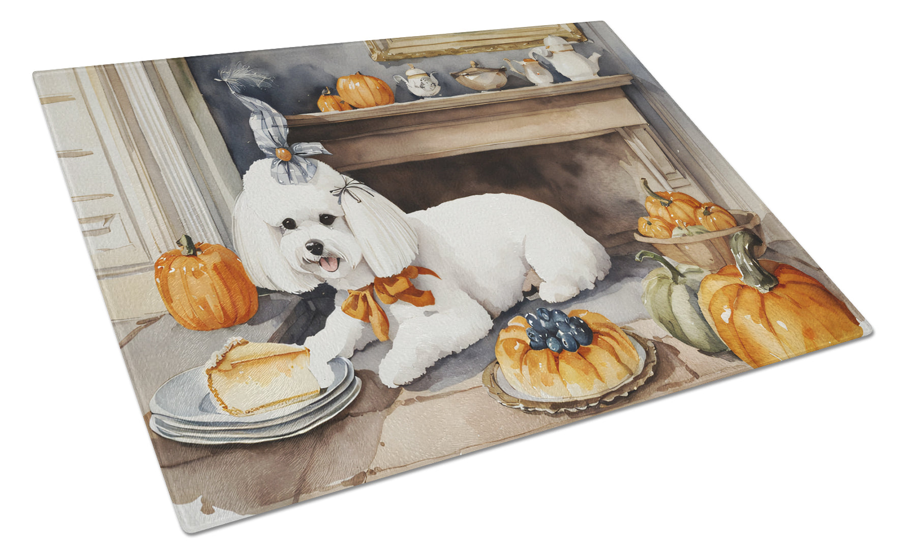 Buy this Bichon Frise Fall Kitchen Pumpkins Glass Cutting Board Large