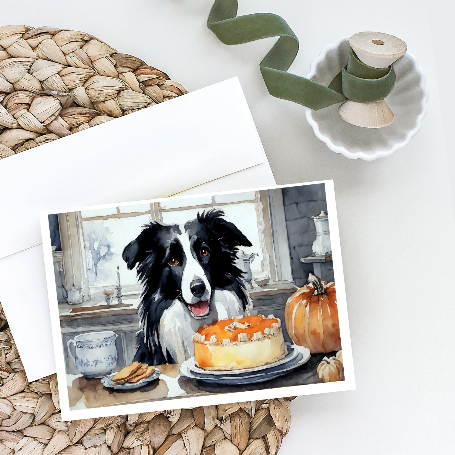 Buy this Border Collie Fall Kitchen Pumpkins Greeting Cards and Envelopes Pack of 8