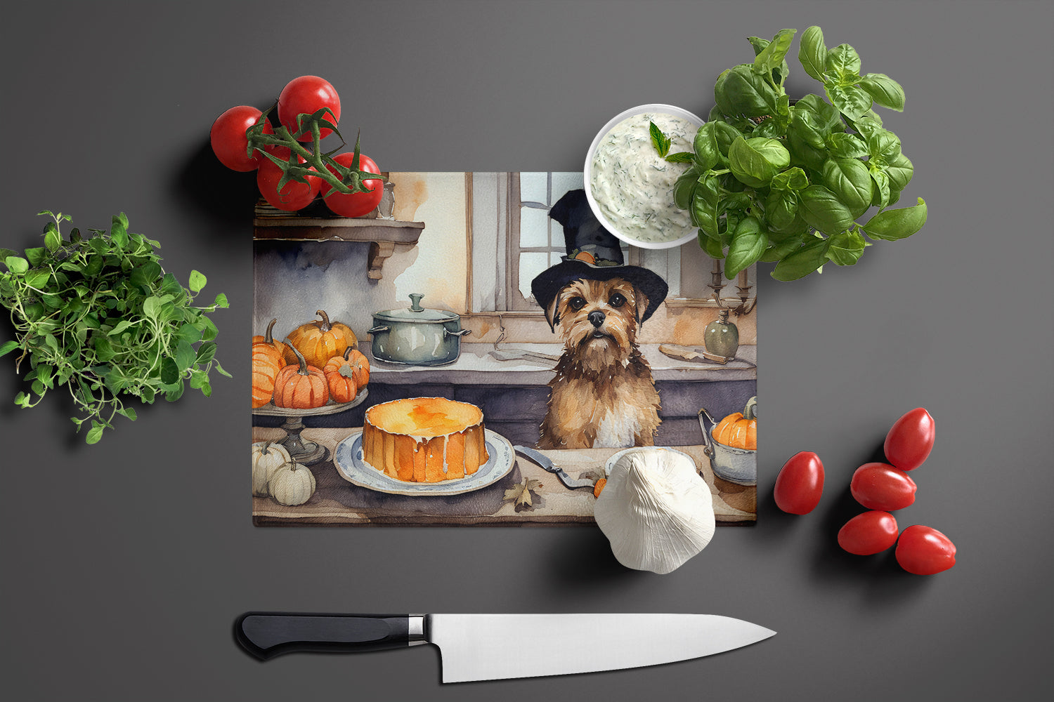 Border Terrier Fall Kitchen Pumpkins Glass Cutting Board Large