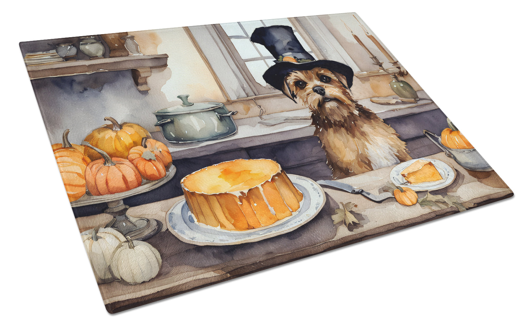 Buy this Border Terrier Fall Kitchen Pumpkins Glass Cutting Board Large