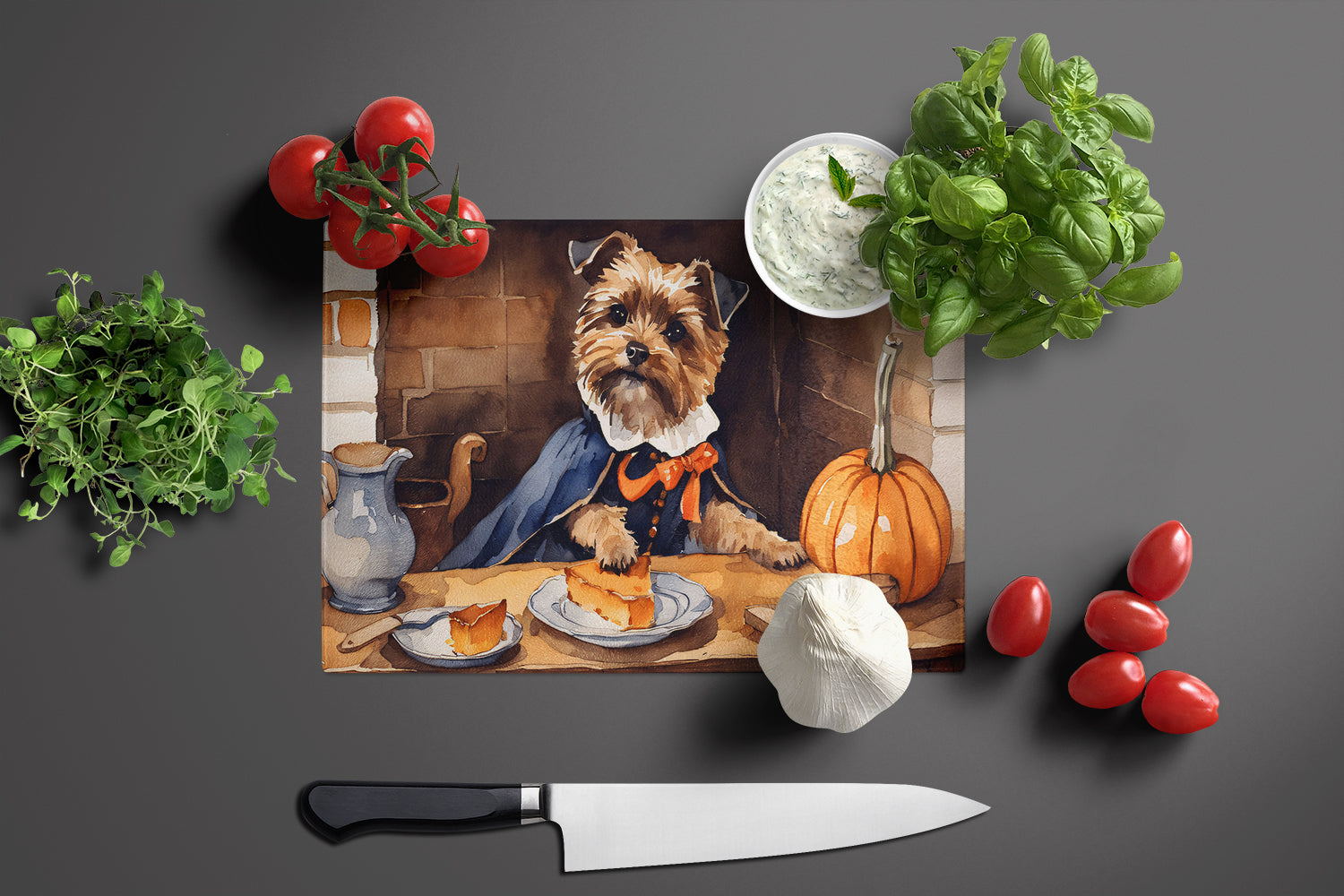 Border Terrier Fall Kitchen Pumpkins Glass Cutting Board Large
