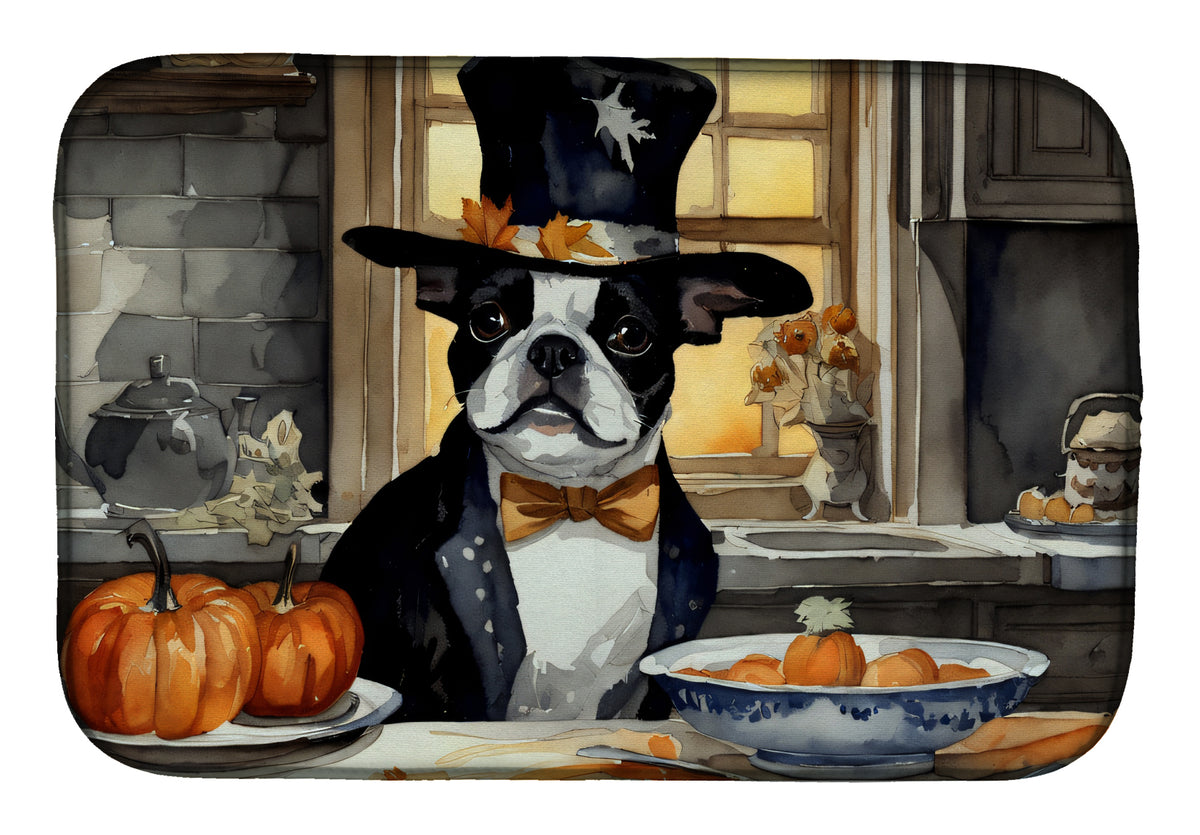 Buy this Boston Terrier Fall Kitchen Pumpkins Dish Drying Mat