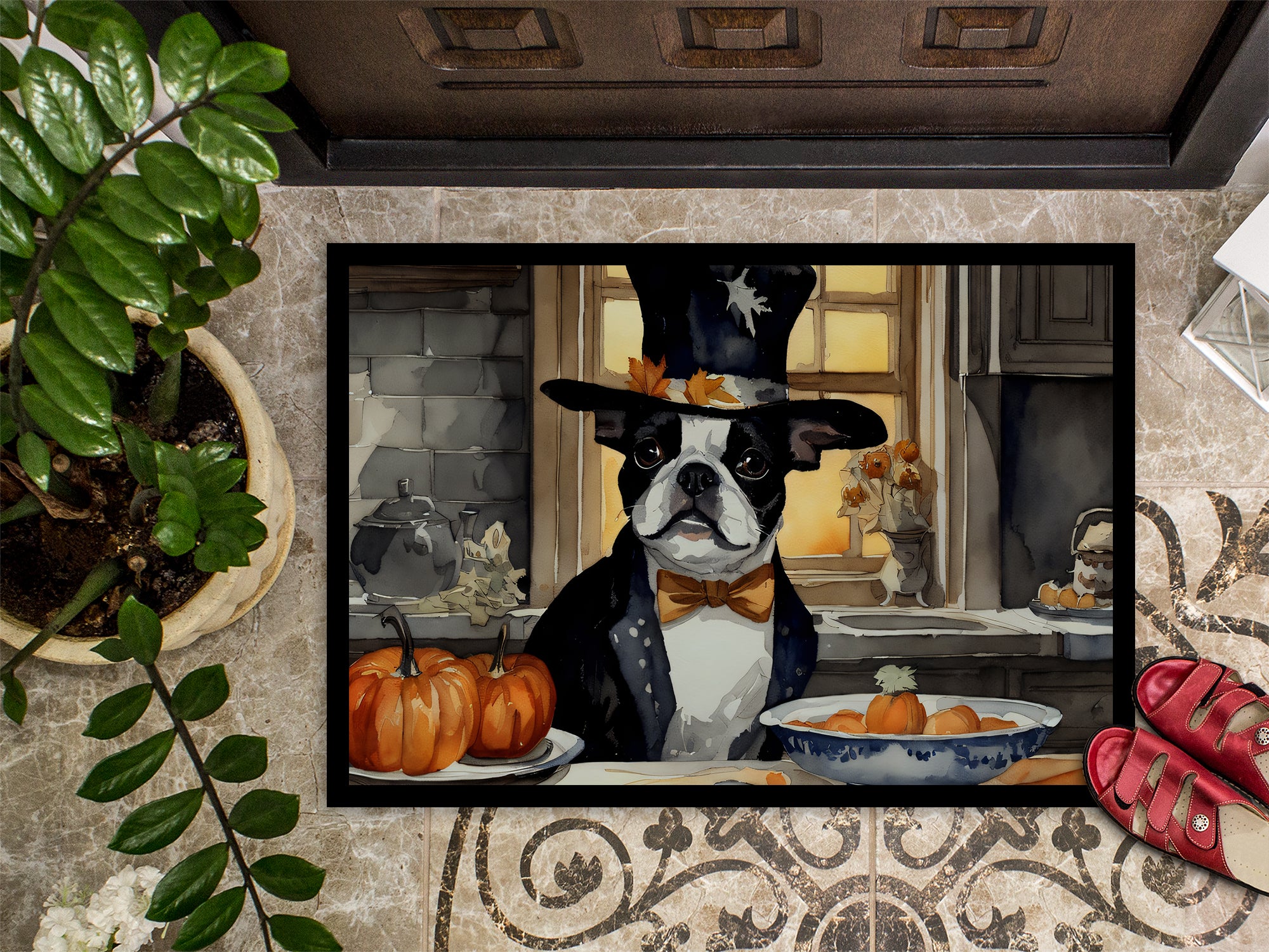 Boston Terrier Fall Kitchen Pumpkins Indoor or Outdoor Mat 24x36