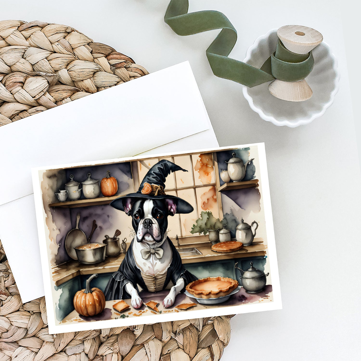 Boston Terrier Fall Kitchen Pumpkins Greeting Cards and Envelopes Pack of 8