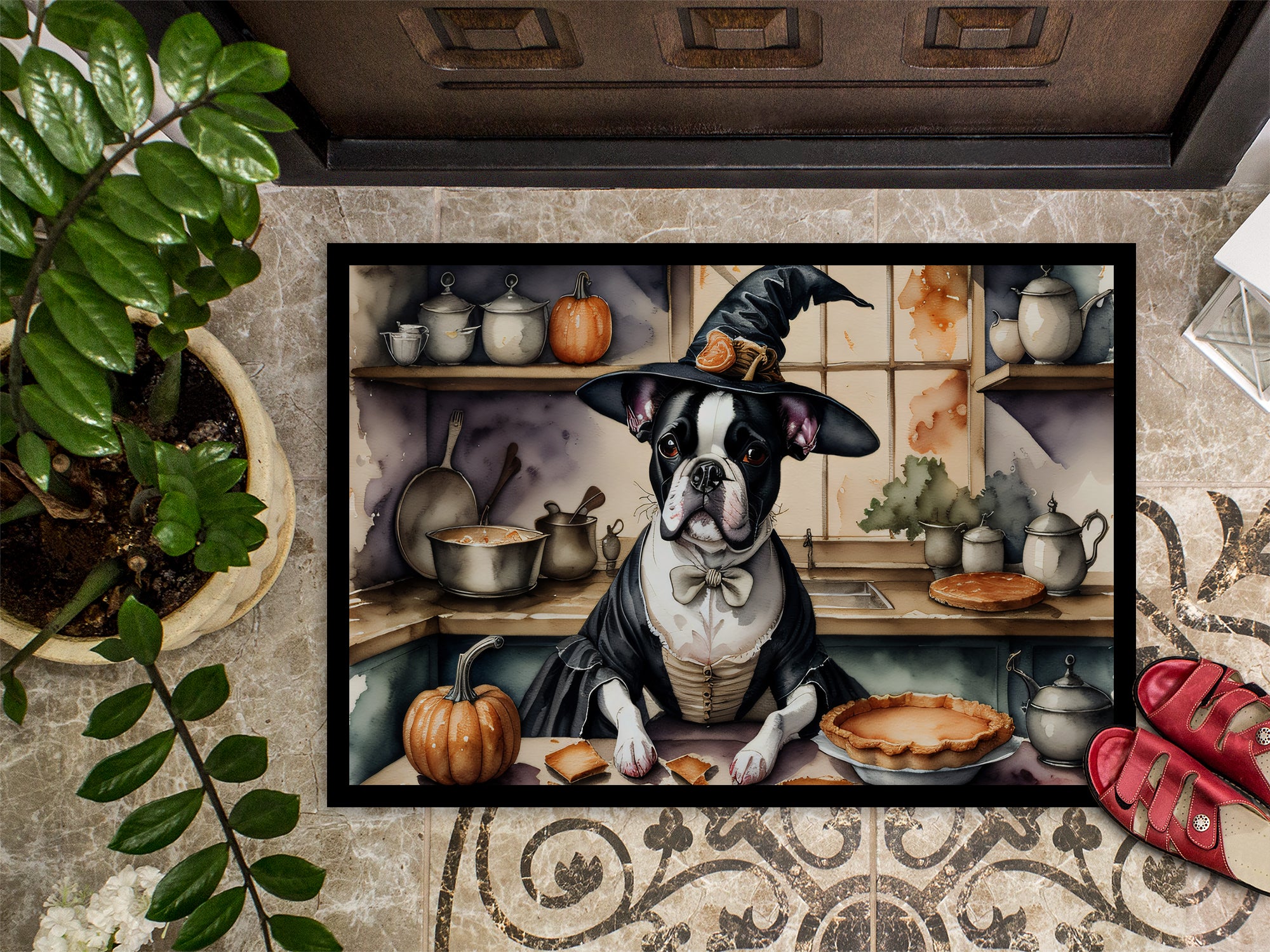 Boston Terrier Fall Kitchen Pumpkins Doormat 18x27