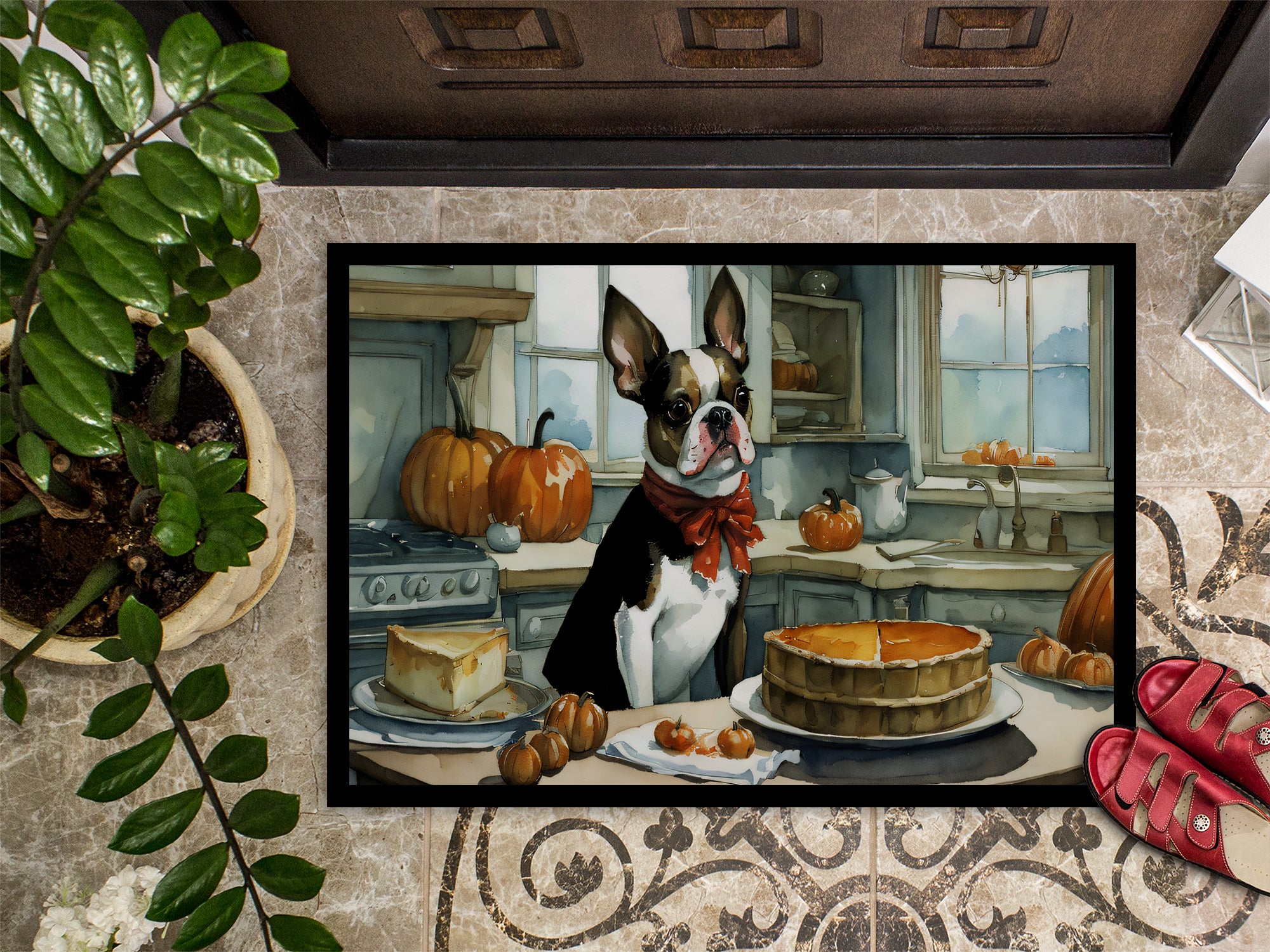 Boston Terrier Fall Kitchen Pumpkins Indoor or Outdoor Mat 24x36