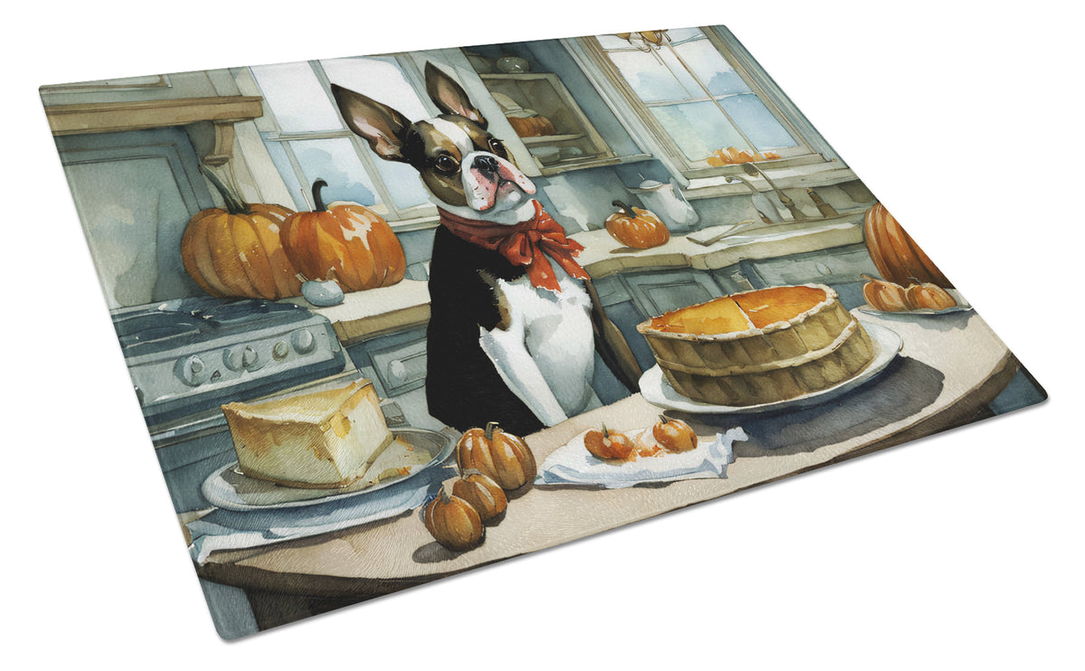 Buy this Boston Terrier Fall Kitchen Pumpkins Glass Cutting Board Large