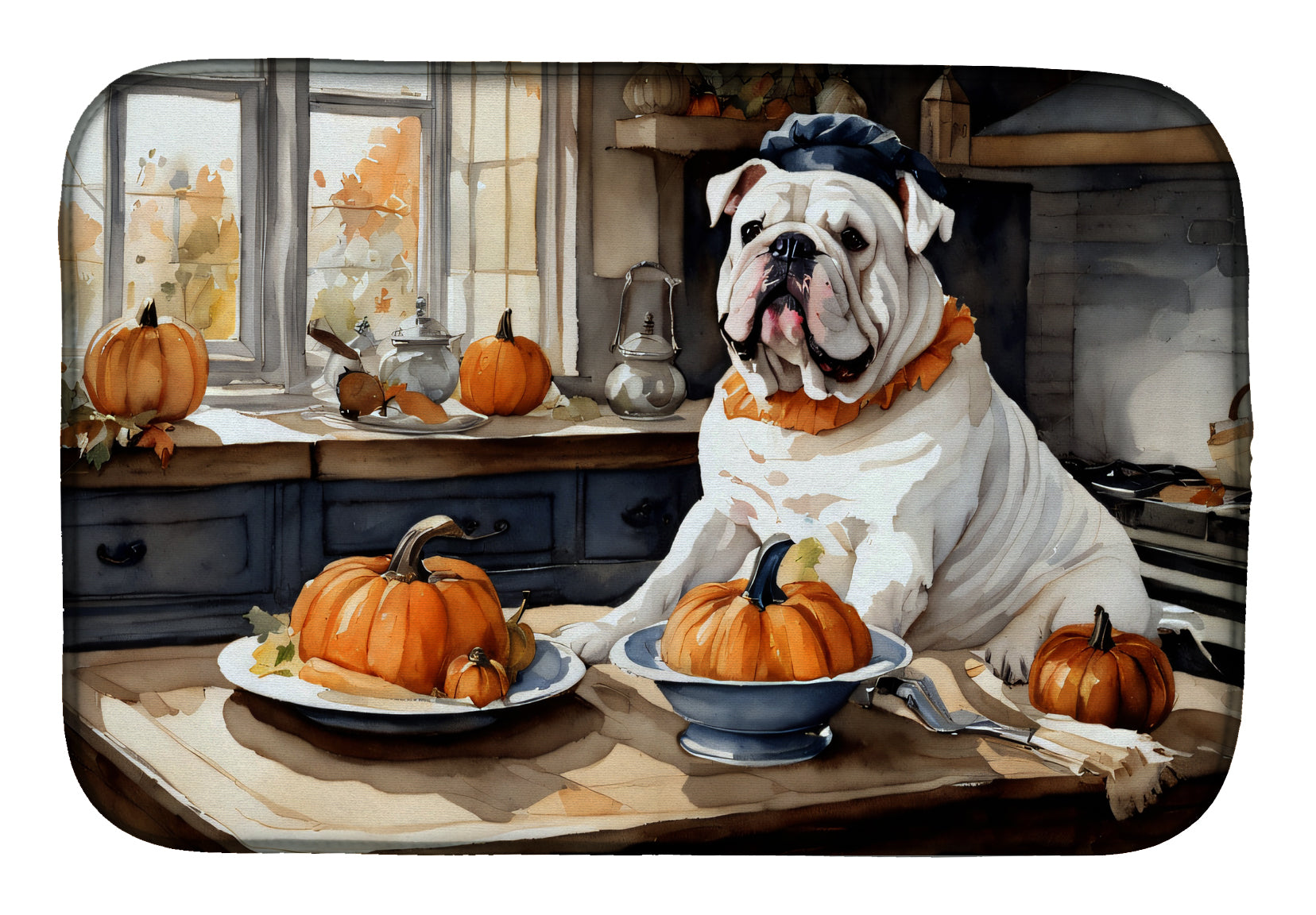 Buy this English Bulldog Fall Kitchen Pumpkins Dish Drying Mat