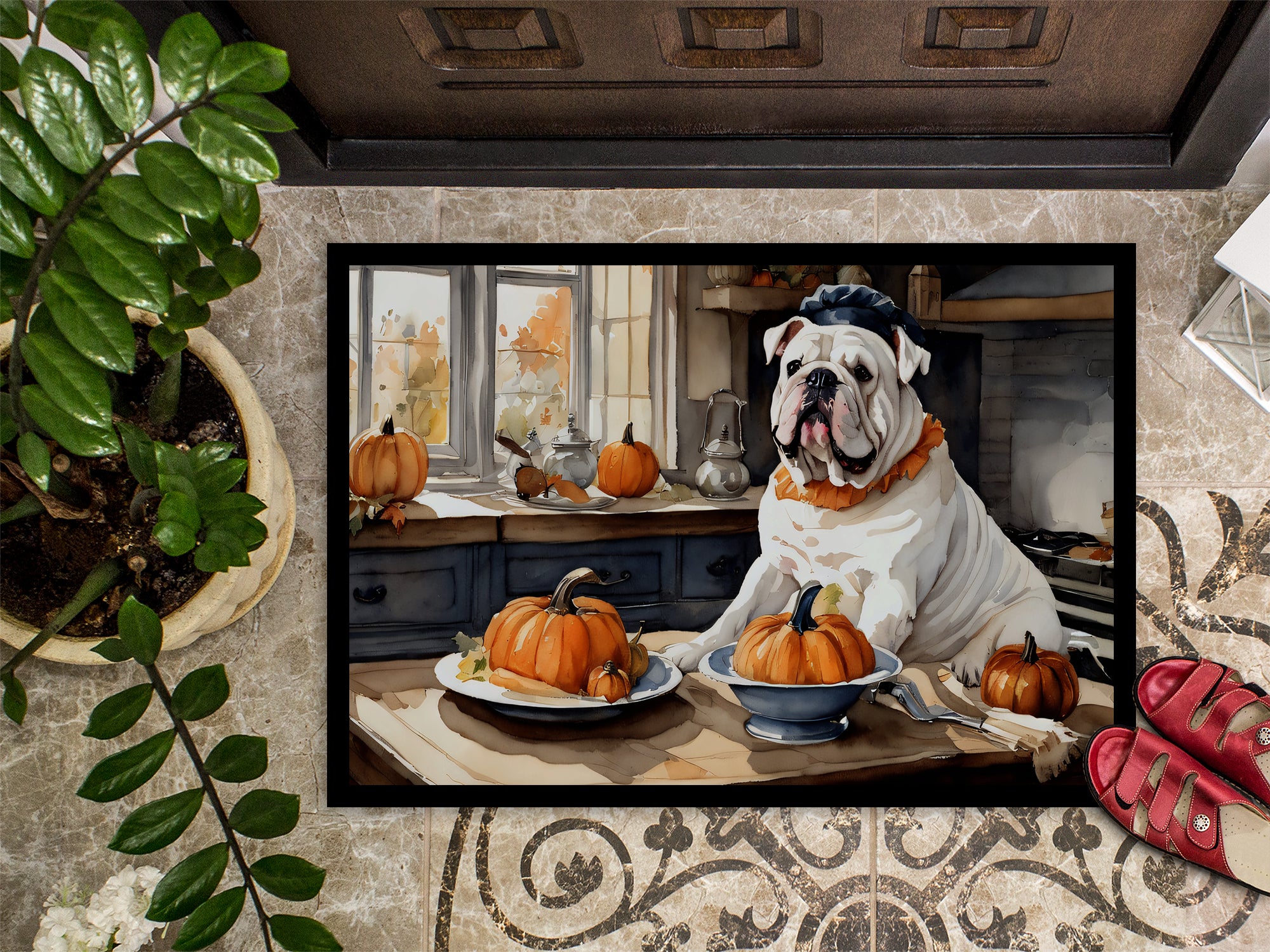 English Bulldog Fall Kitchen Pumpkins Indoor or Outdoor Mat 24x36