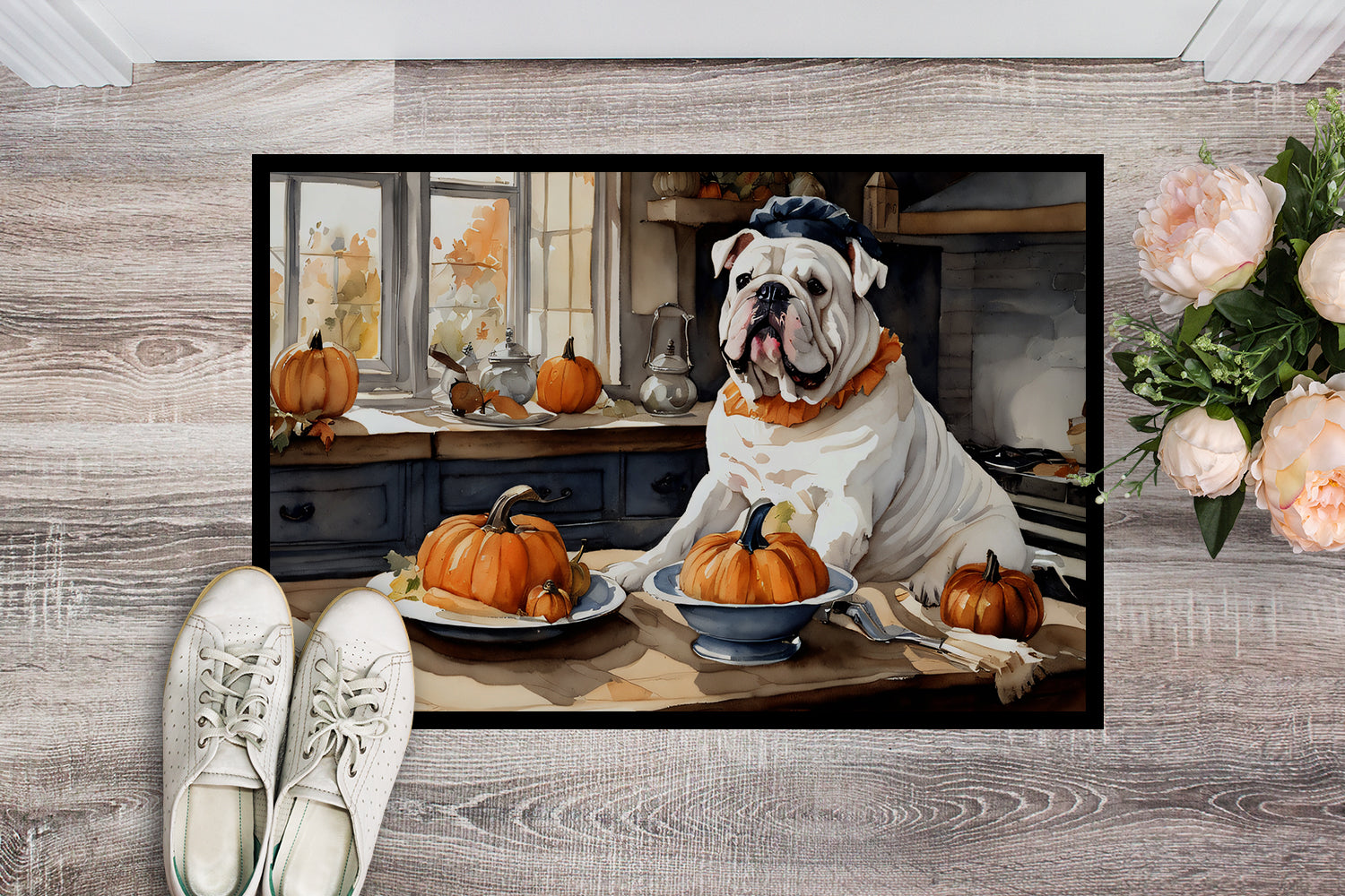 English Bulldog Fall Kitchen Pumpkins Doormat 18x27